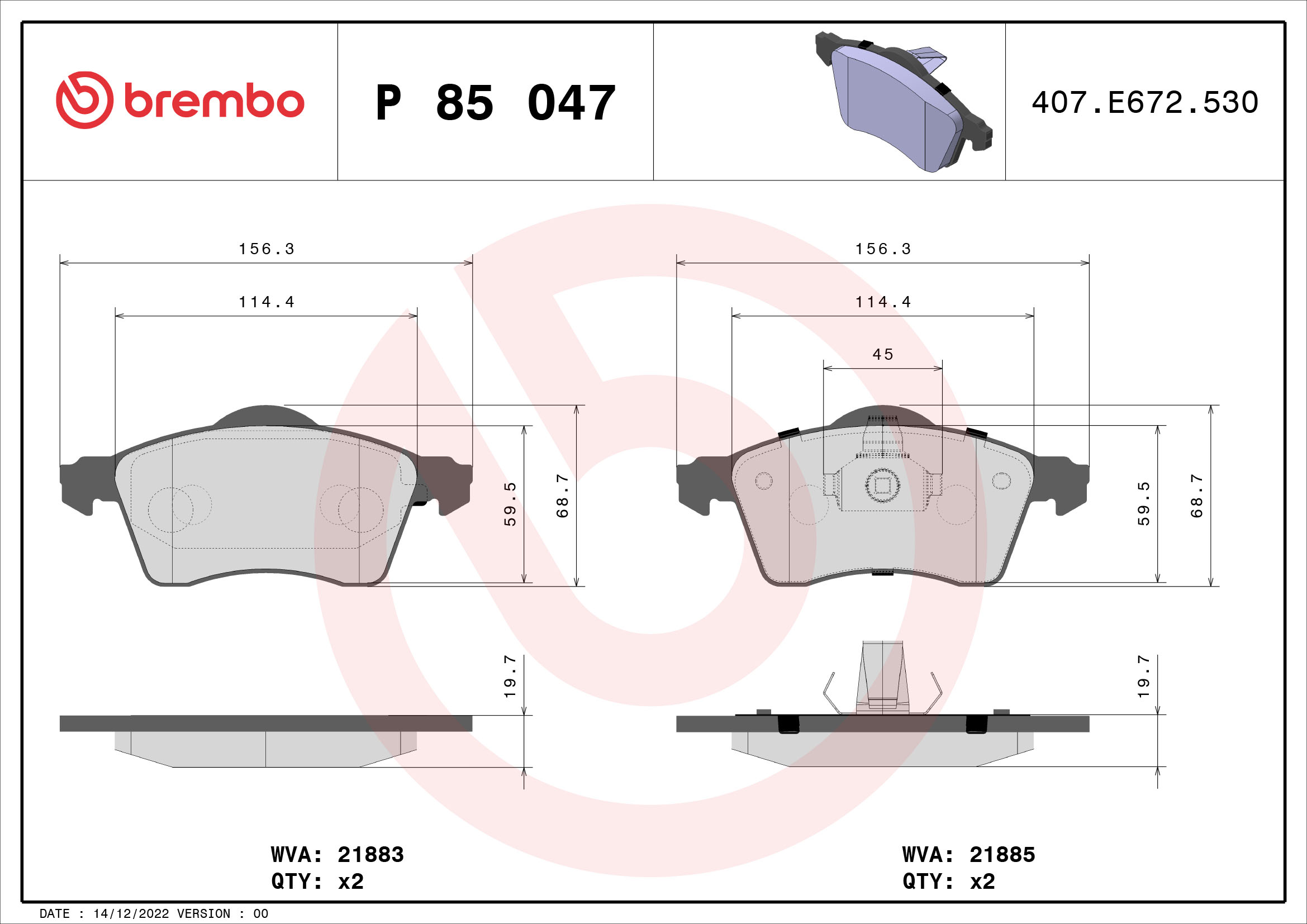 Jeu de 4 plaquettes de frein BREMBO ref. P 85 047