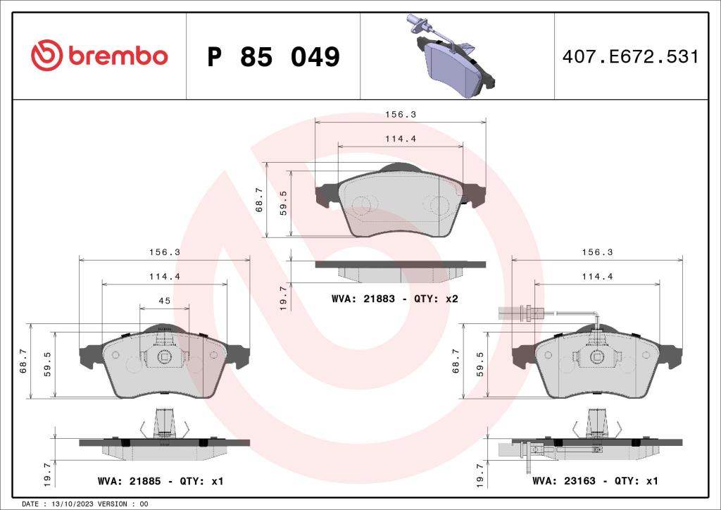 Jogo de 4 pastilhas de travão BREMBO ref. P 85 049