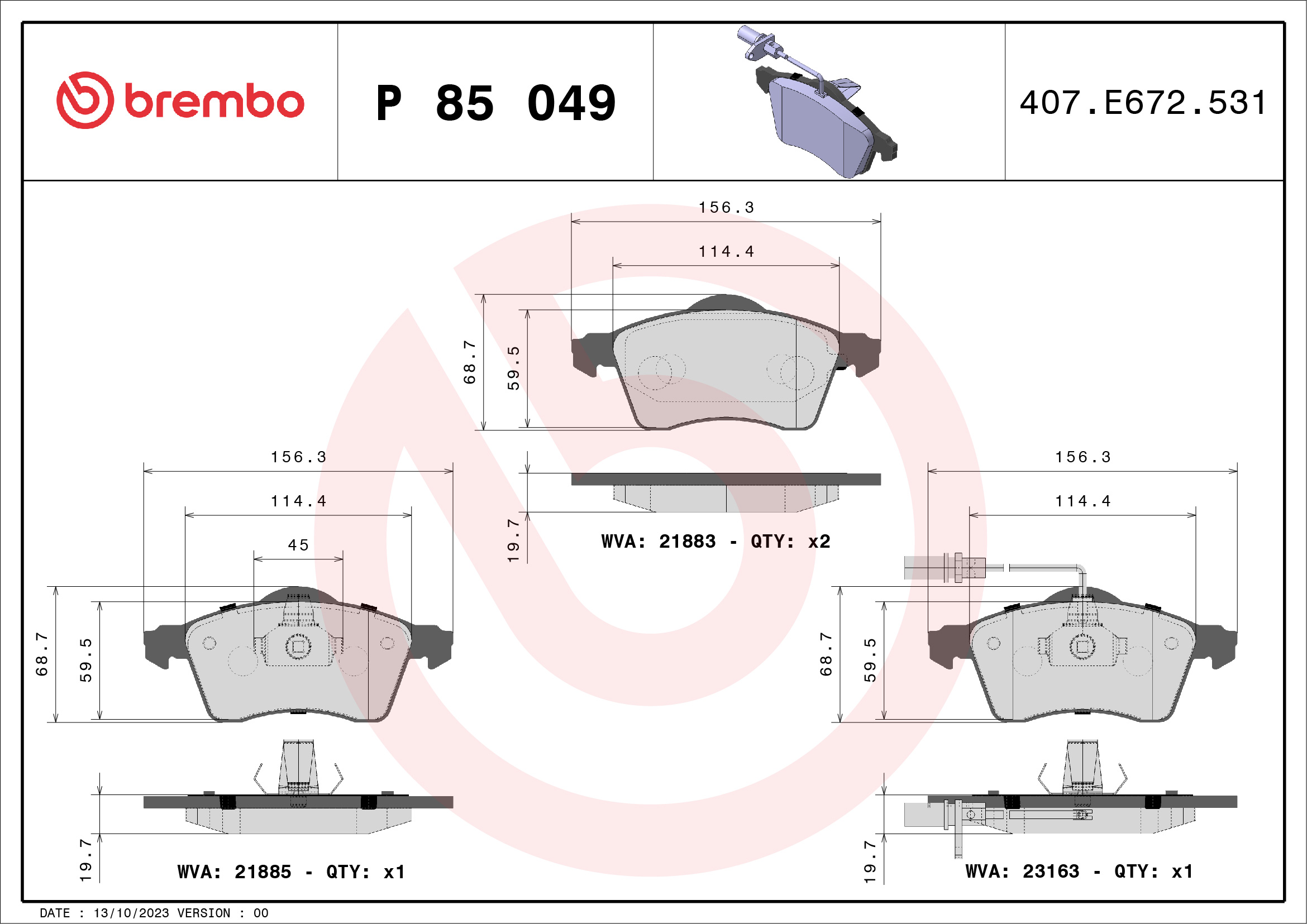Jogo de 4 pastilhas de travão BREMBO ref. P 85 049
