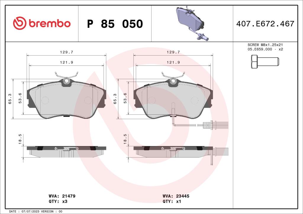 Jogo de 4 pastilhas de travão BREMBO ref. P 85 050