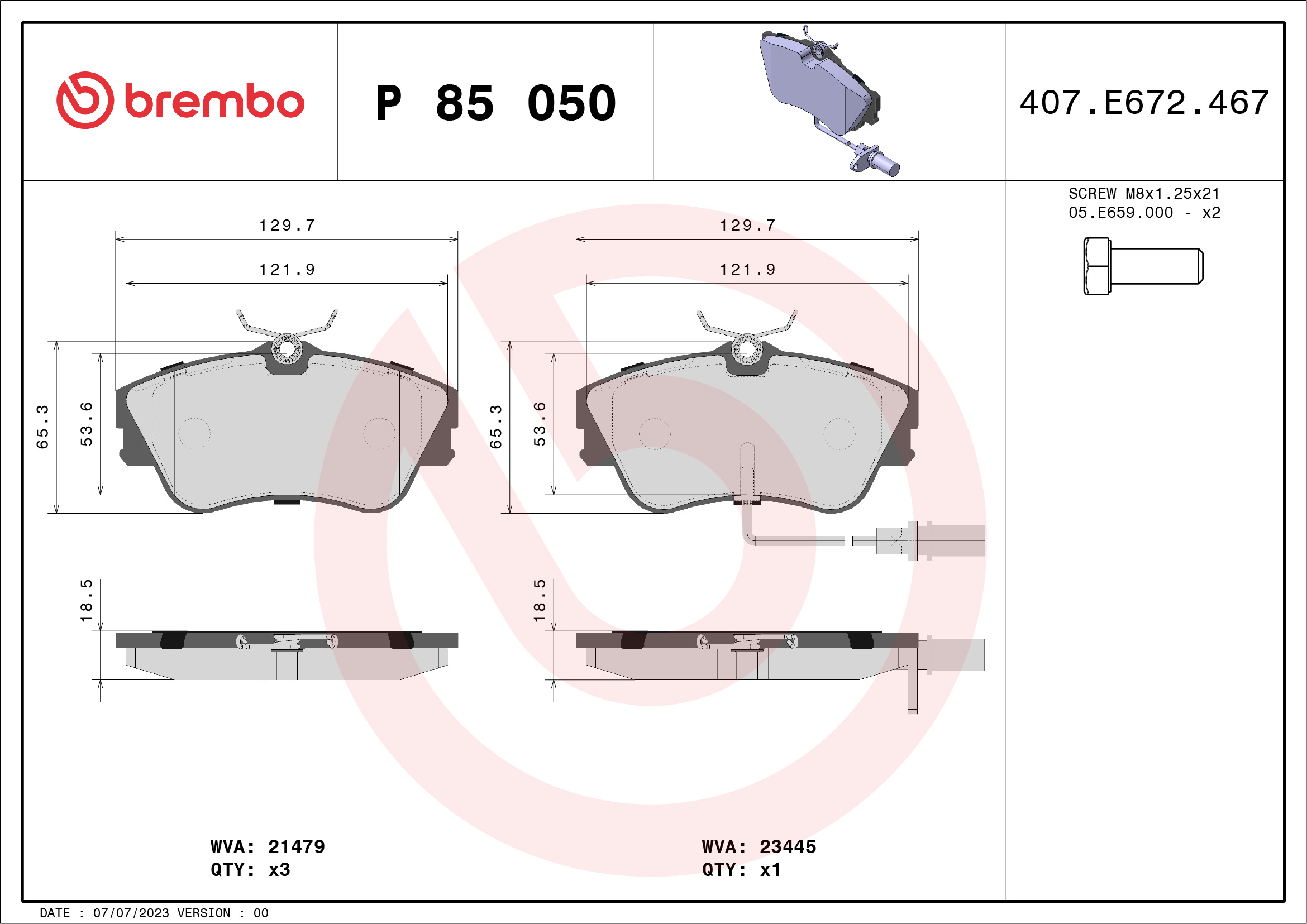 Jogo de 4 pastilhas de travão BREMBO ref. P 85 050