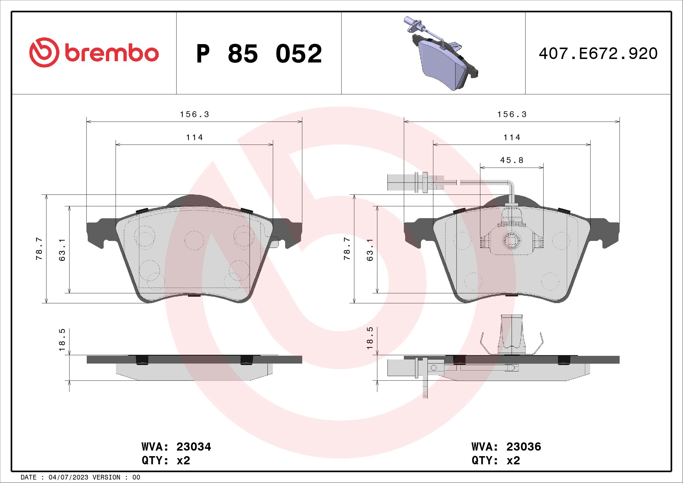 Jogo de 4 pastilhas de travão BREMBO ref. P 85 052
