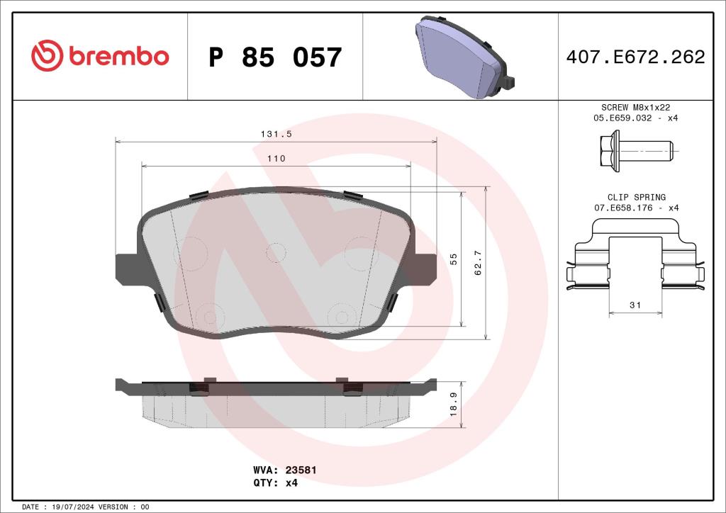 Jeu de 4 plaquettes de frein BREMBO ref. P 85 057