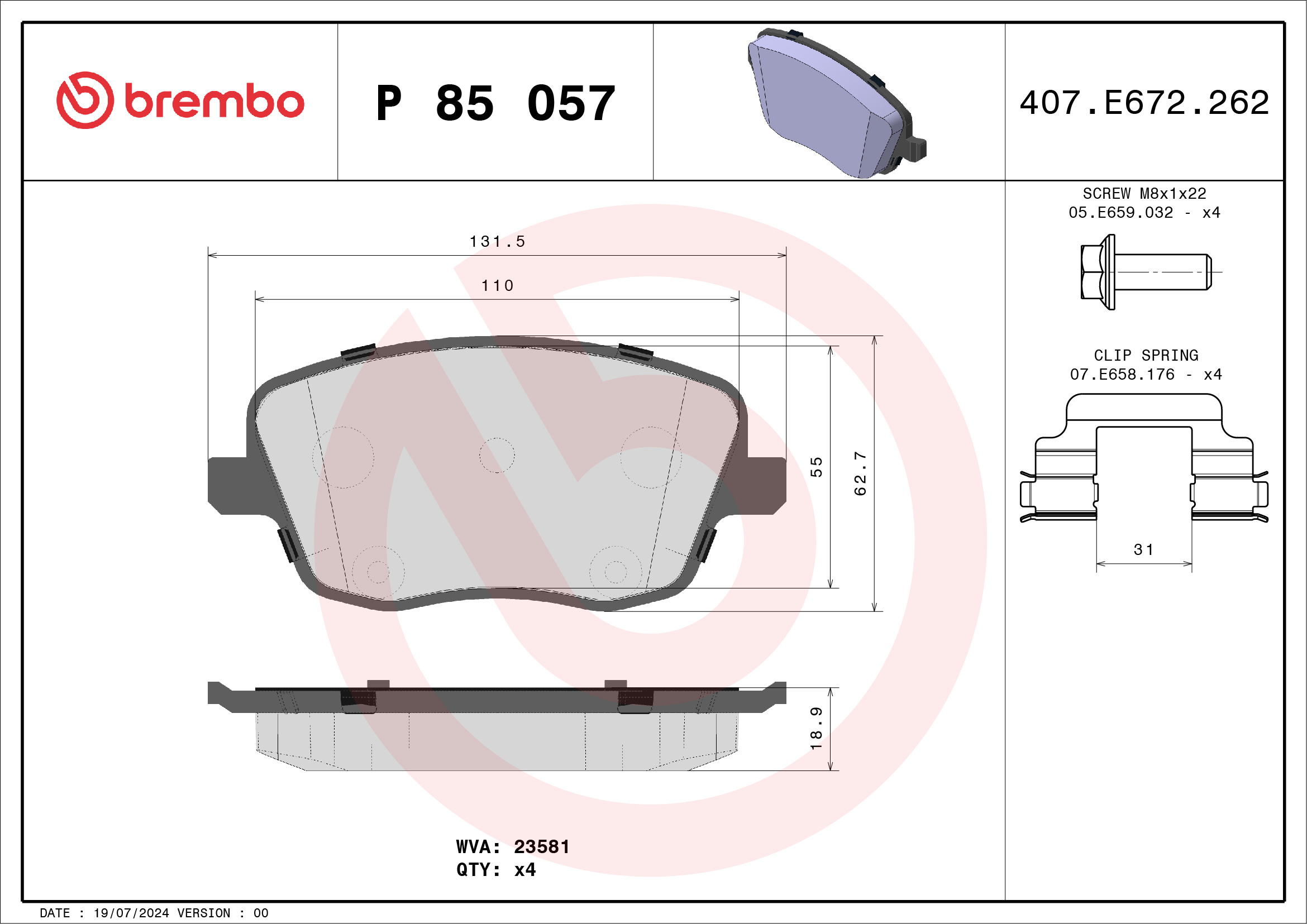 Jeu de 4 plaquettes de frein BREMBO ref. P 85 057