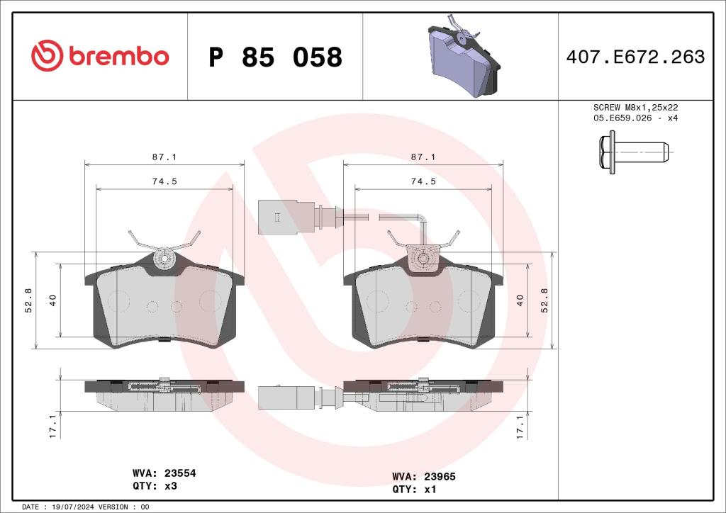 Jogo de 4 pastilhas de travão BREMBO ref. P 85 058