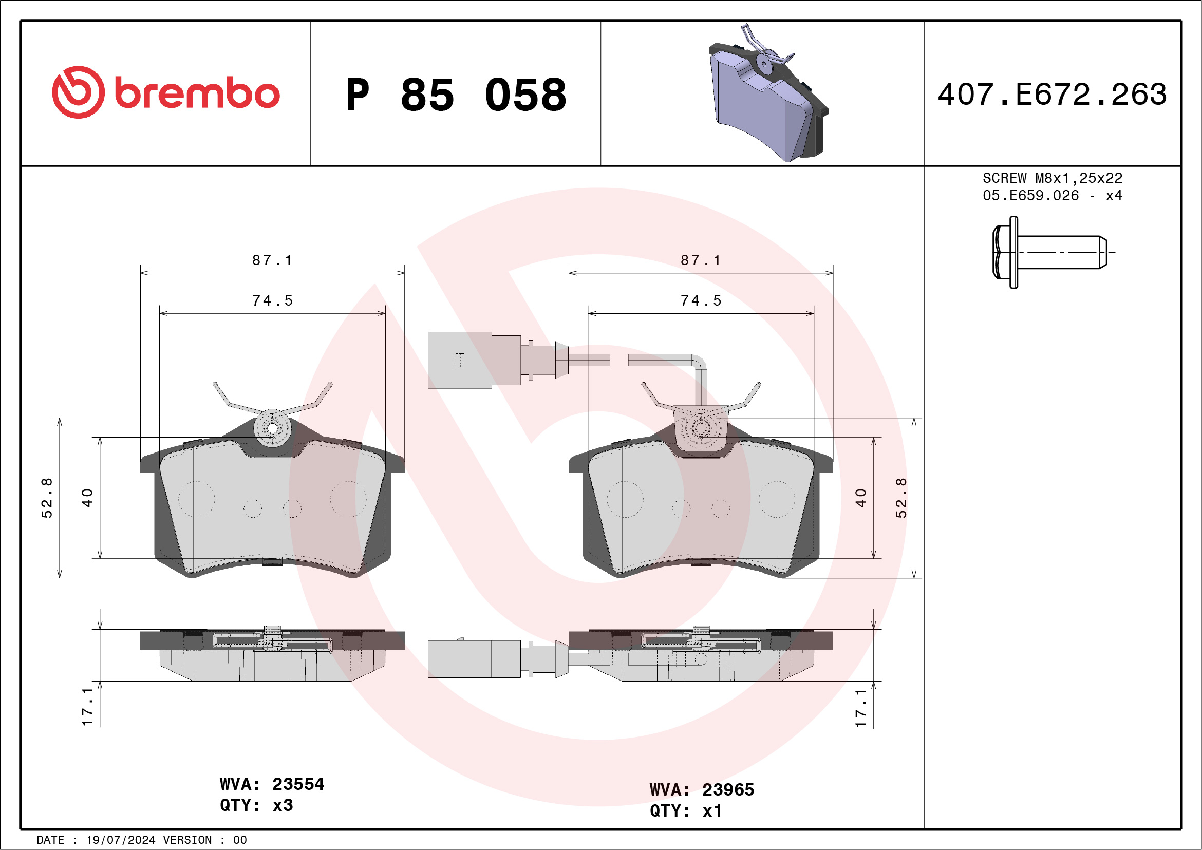 Jogo de 4 pastilhas de travão BREMBO ref. P 85 058