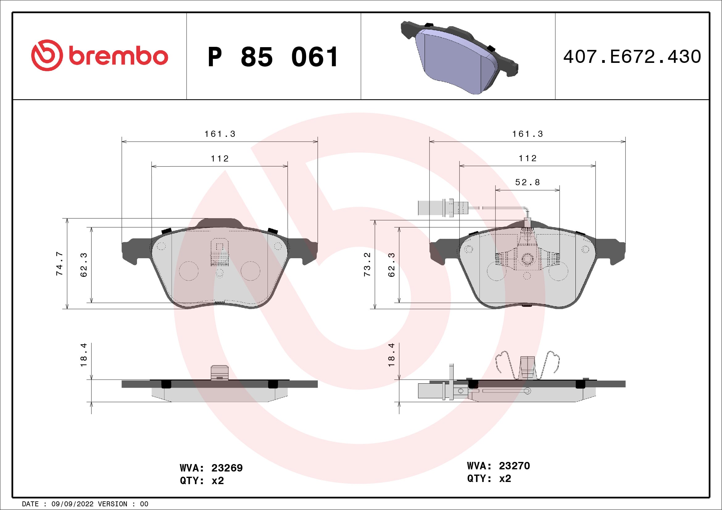 Jogo de 4 pastilhas de travão BREMBO ref. P 85 061