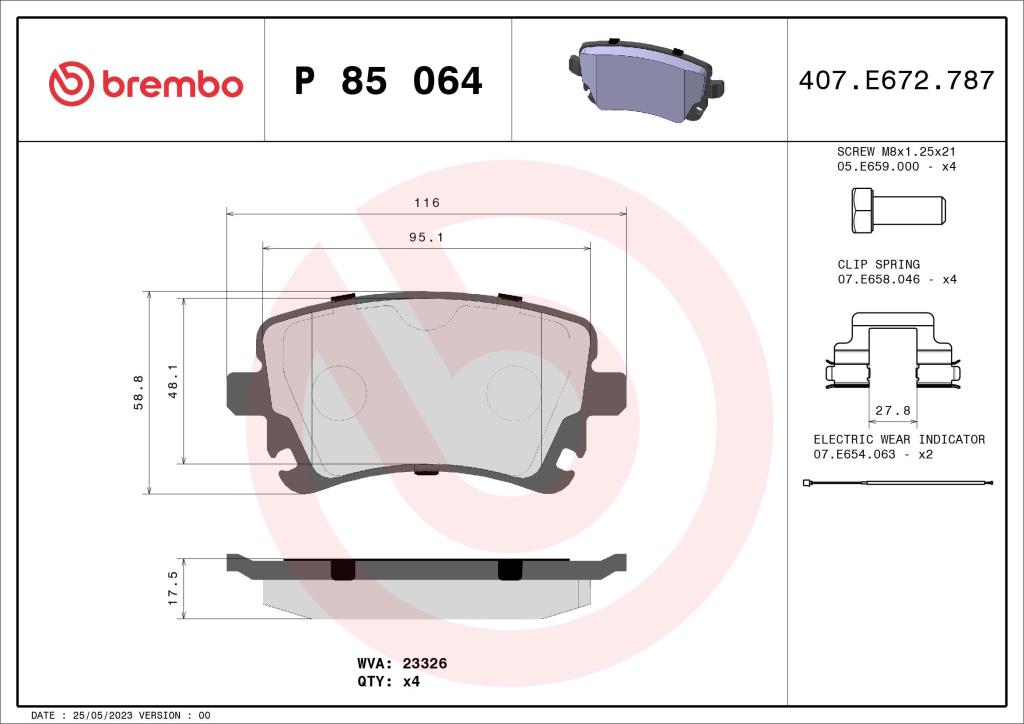 Jogo de 4 pastilhas de travão BREMBO ref. P 85 064