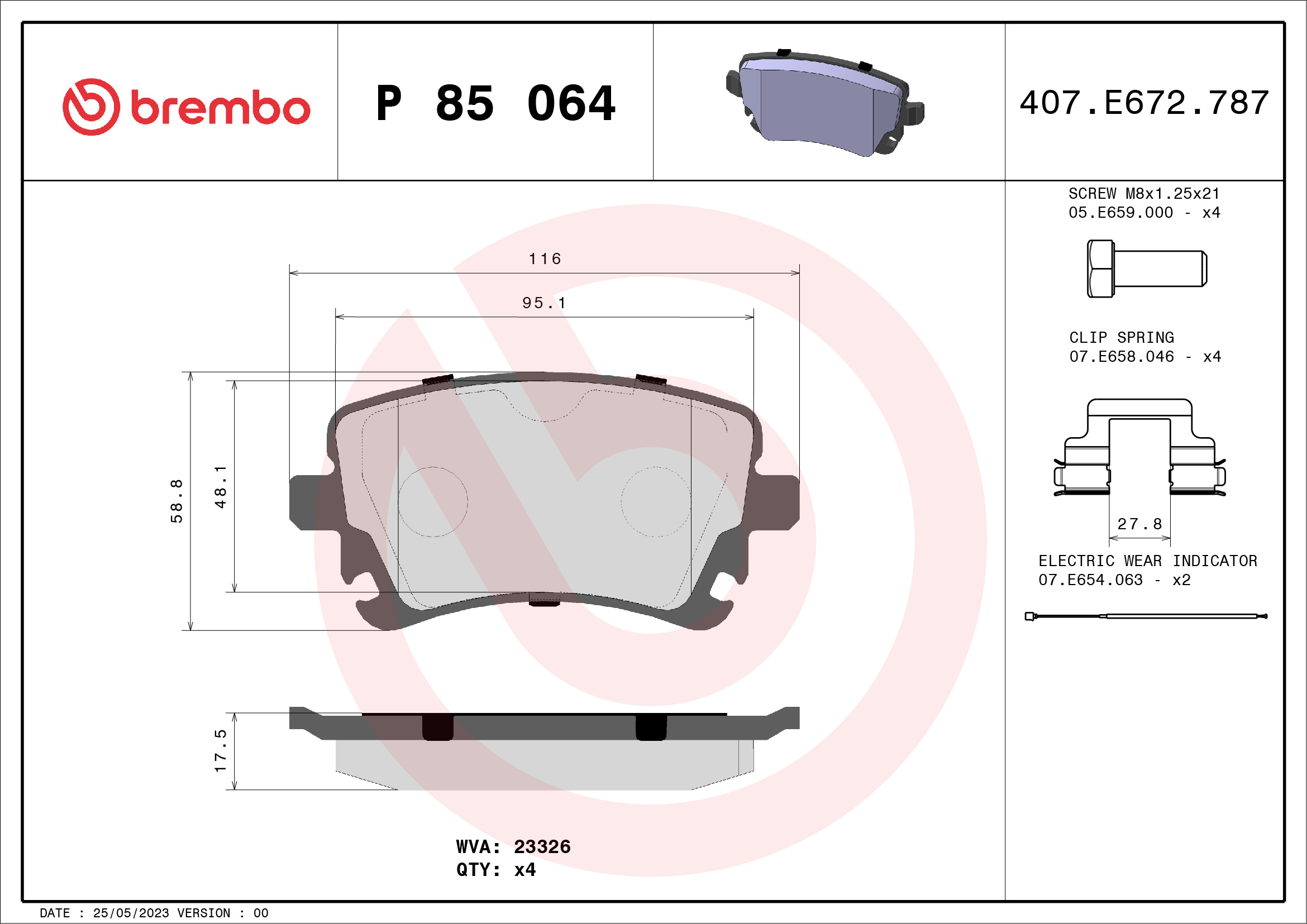 Jogo de 4 pastilhas de travão BREMBO ref. P 85 064