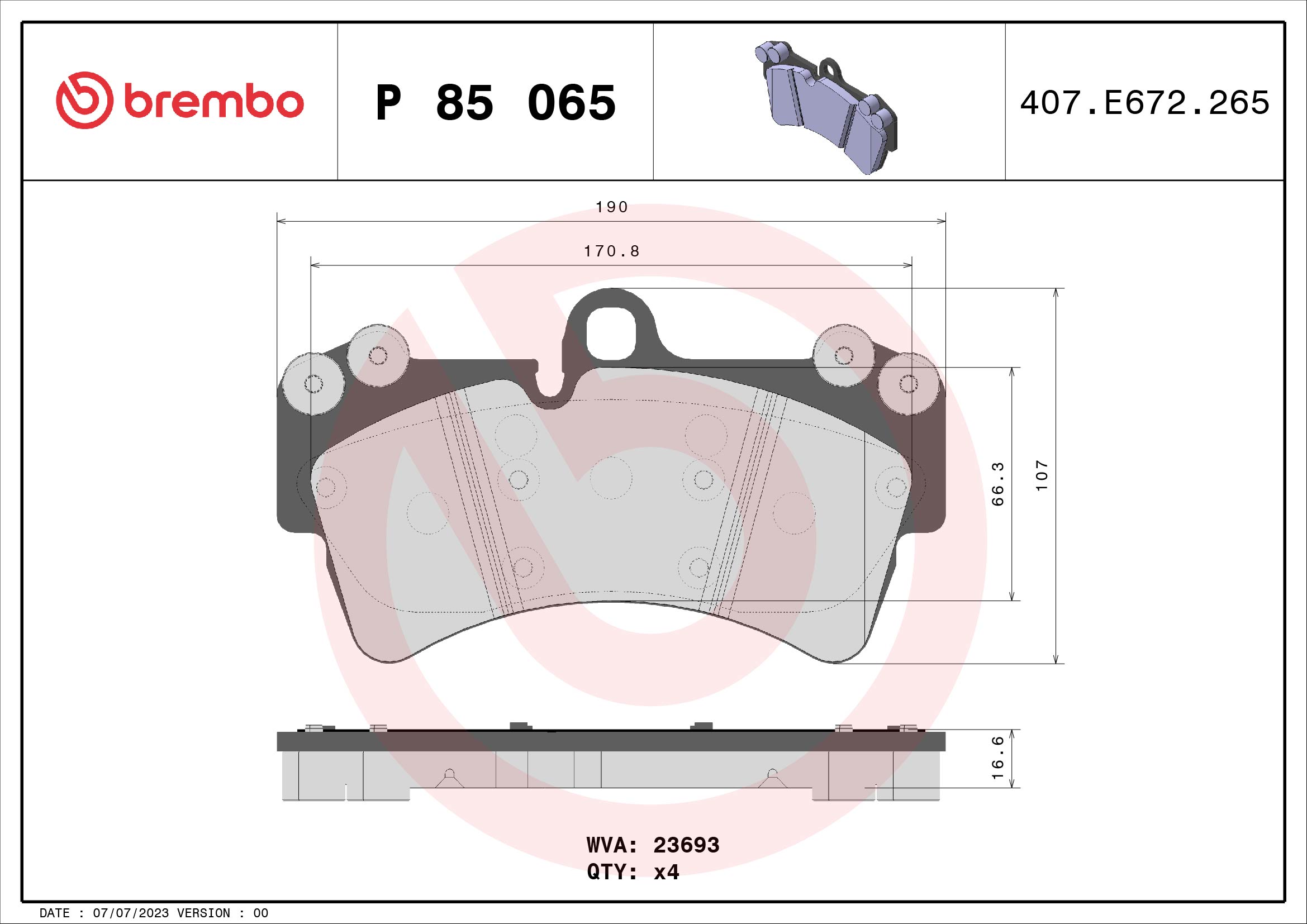 Jogo de 4 pastilhas de travão BREMBO ref. P 85 065