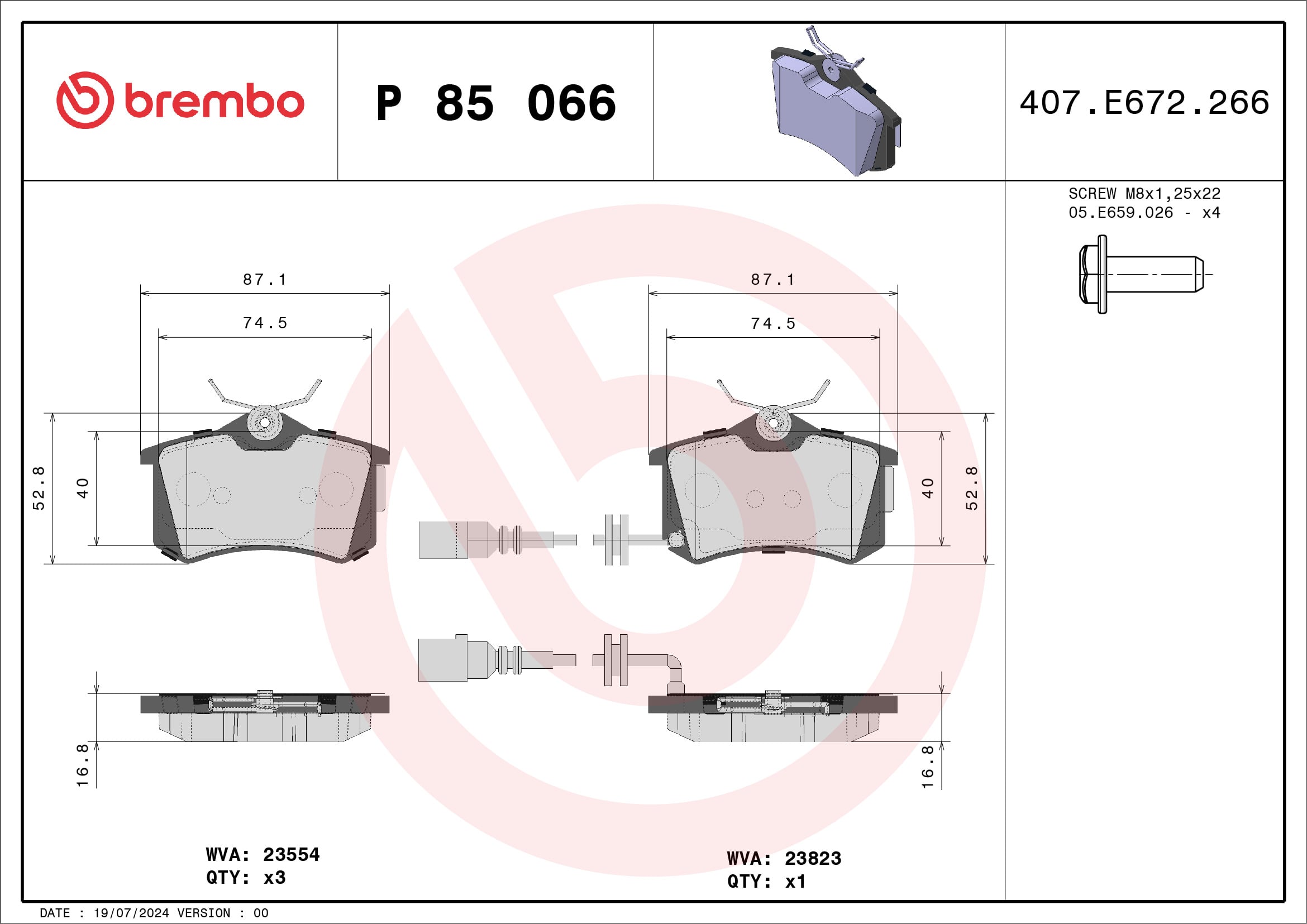 Jogo de 4 pastilhas de travão BREMBO ref. P 85 066