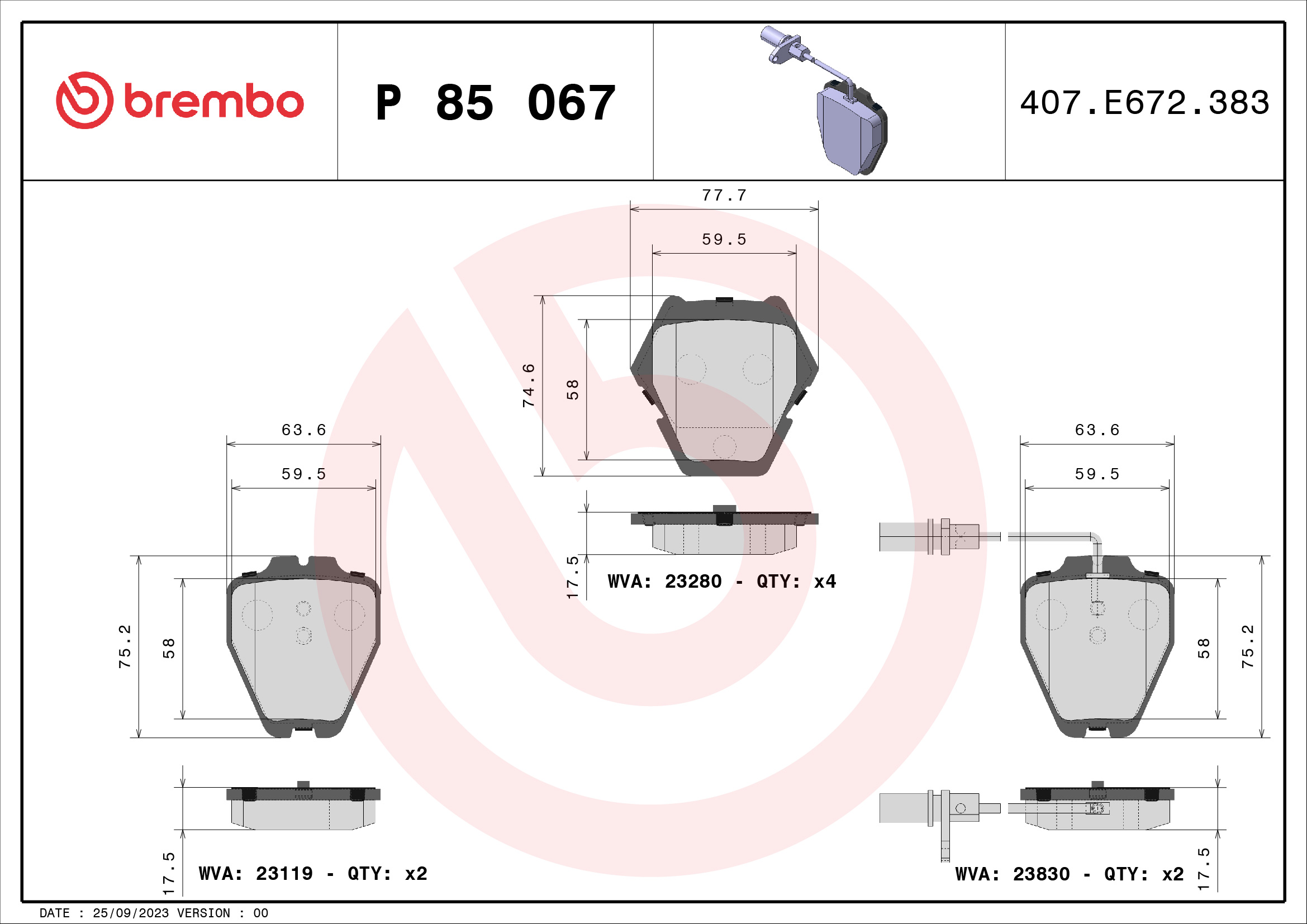 Jogo de 4 pastilhas de travão BREMBO ref. P 85 067