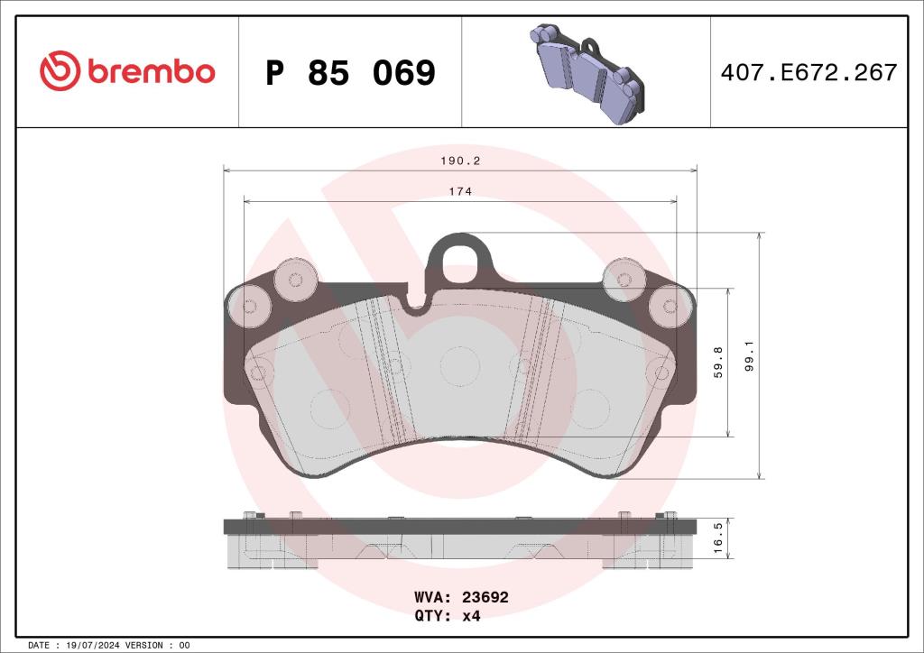 Jogo de 4 pastilhas de travão BREMBO ref. P 85 069