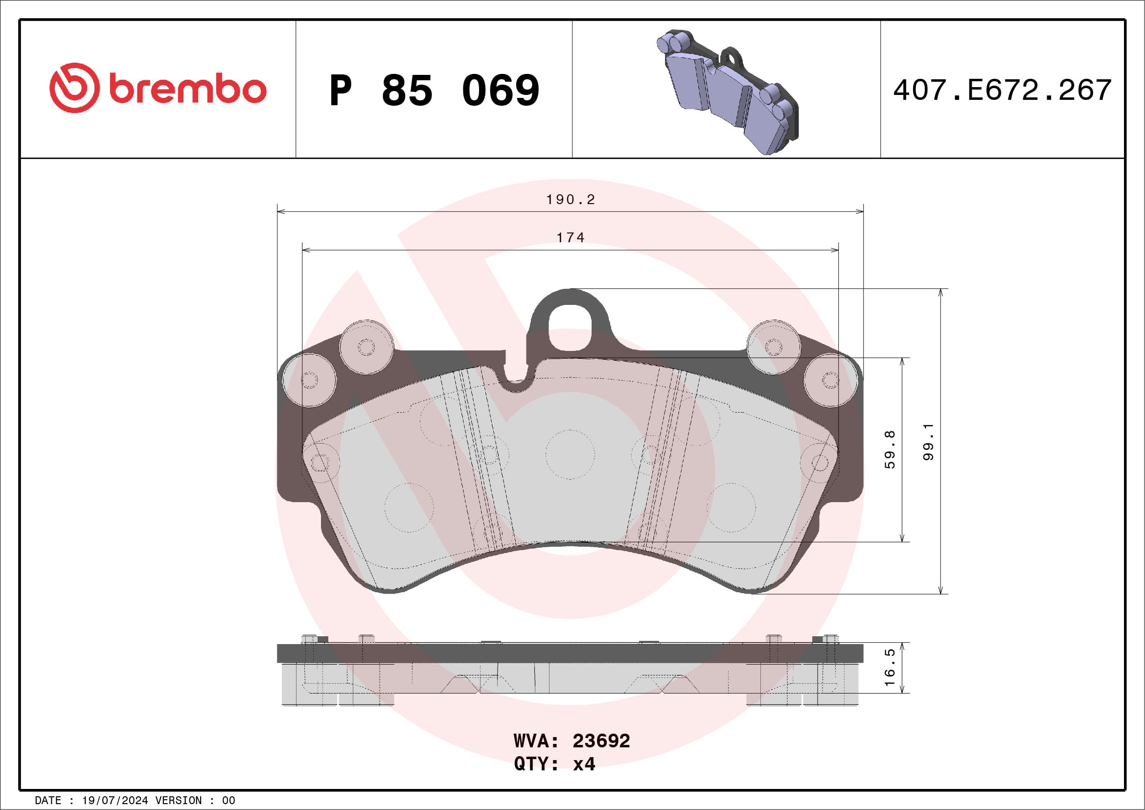 Jogo de 4 pastilhas de travão BREMBO ref. P 85 069