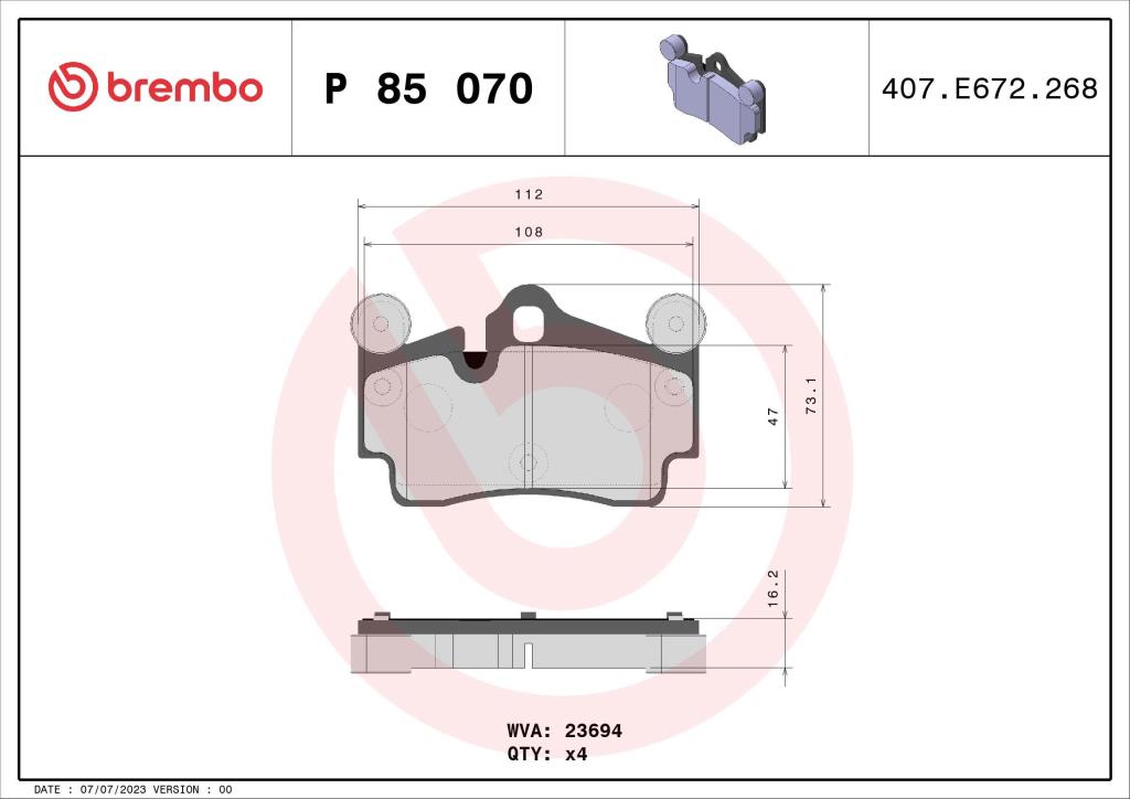 Jeu de 4 plaquettes de frein BREMBO ref. P 85 070