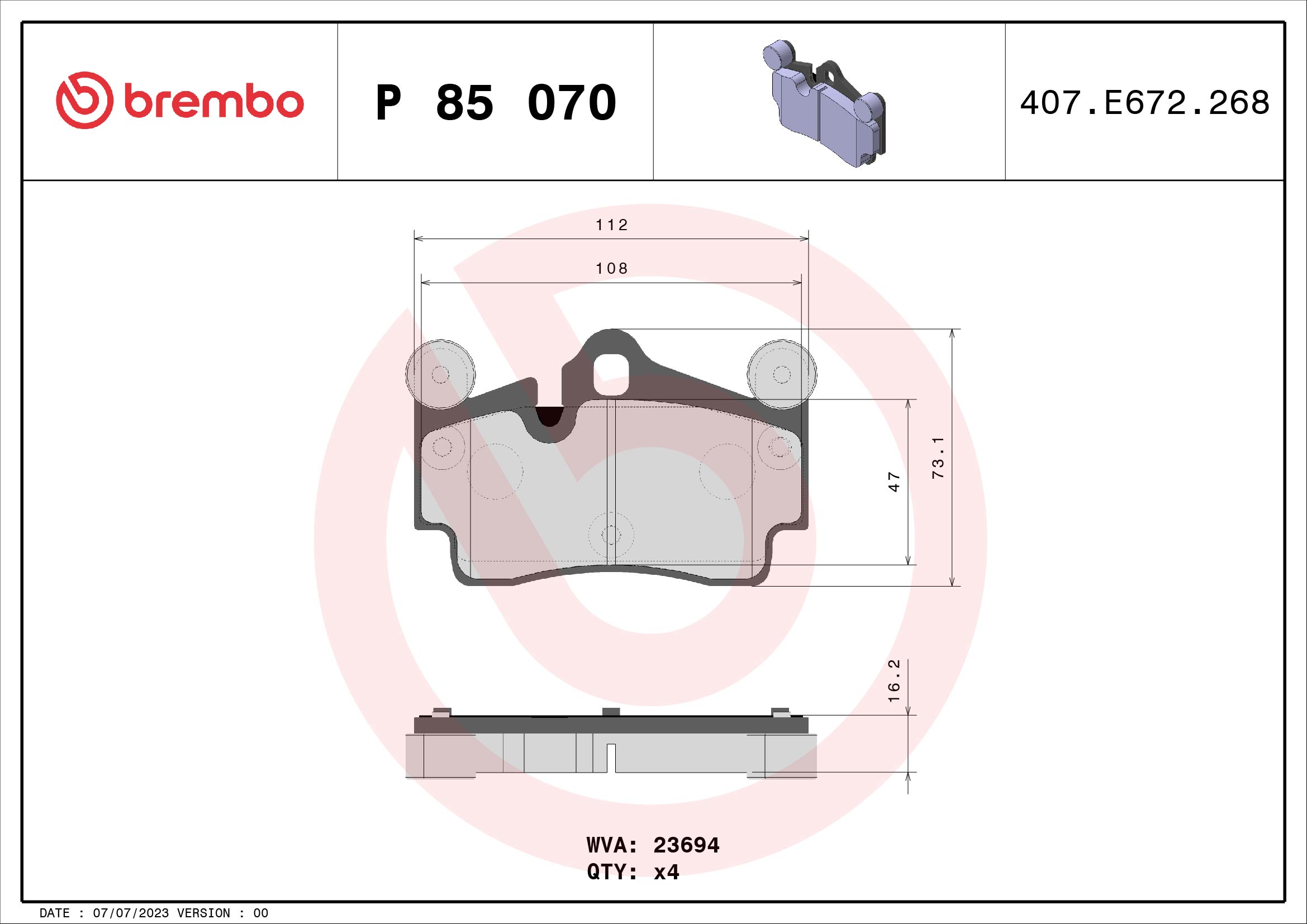 Jeu de 4 plaquettes de frein BREMBO ref. P 85 070