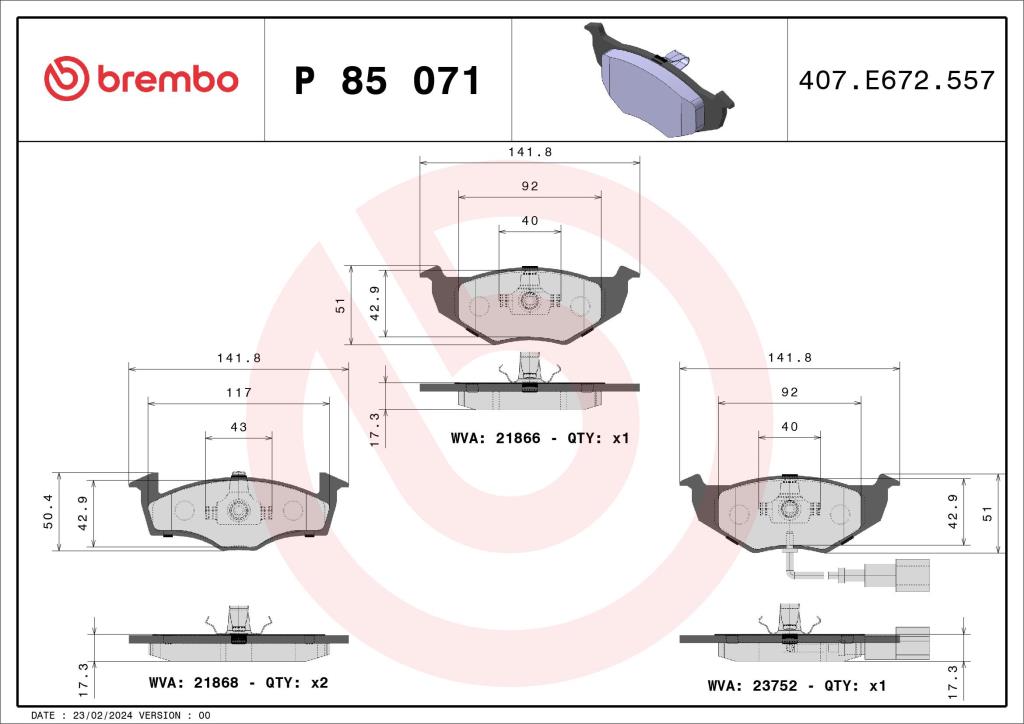 Jeu de 4 plaquettes de frein BREMBO ref. P 85 071
