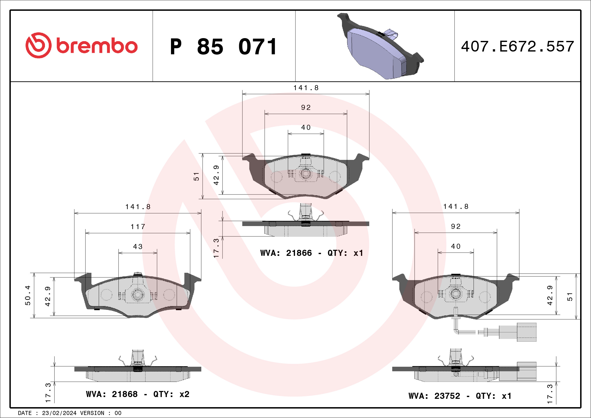 Jeu de 4 plaquettes de frein BREMBO ref. P 85 071