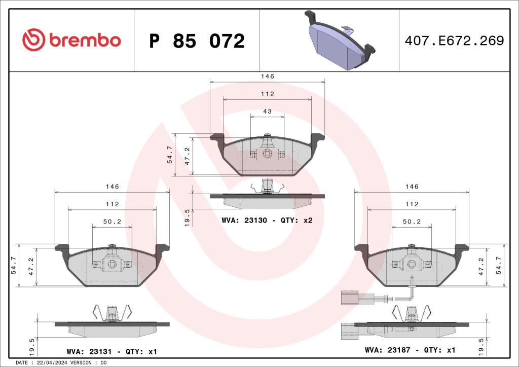 Jogo de 4 pastilhas de travão BREMBO ref. P 85 072X
