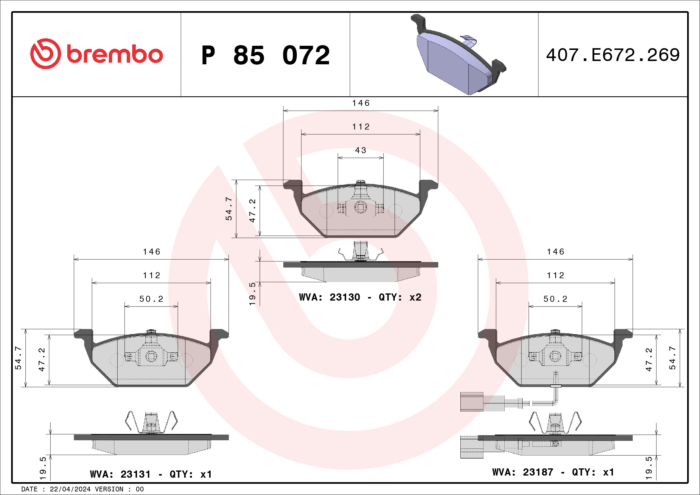 Jeu de 4 plaquettes de frein BREMBO ref. P 85 072