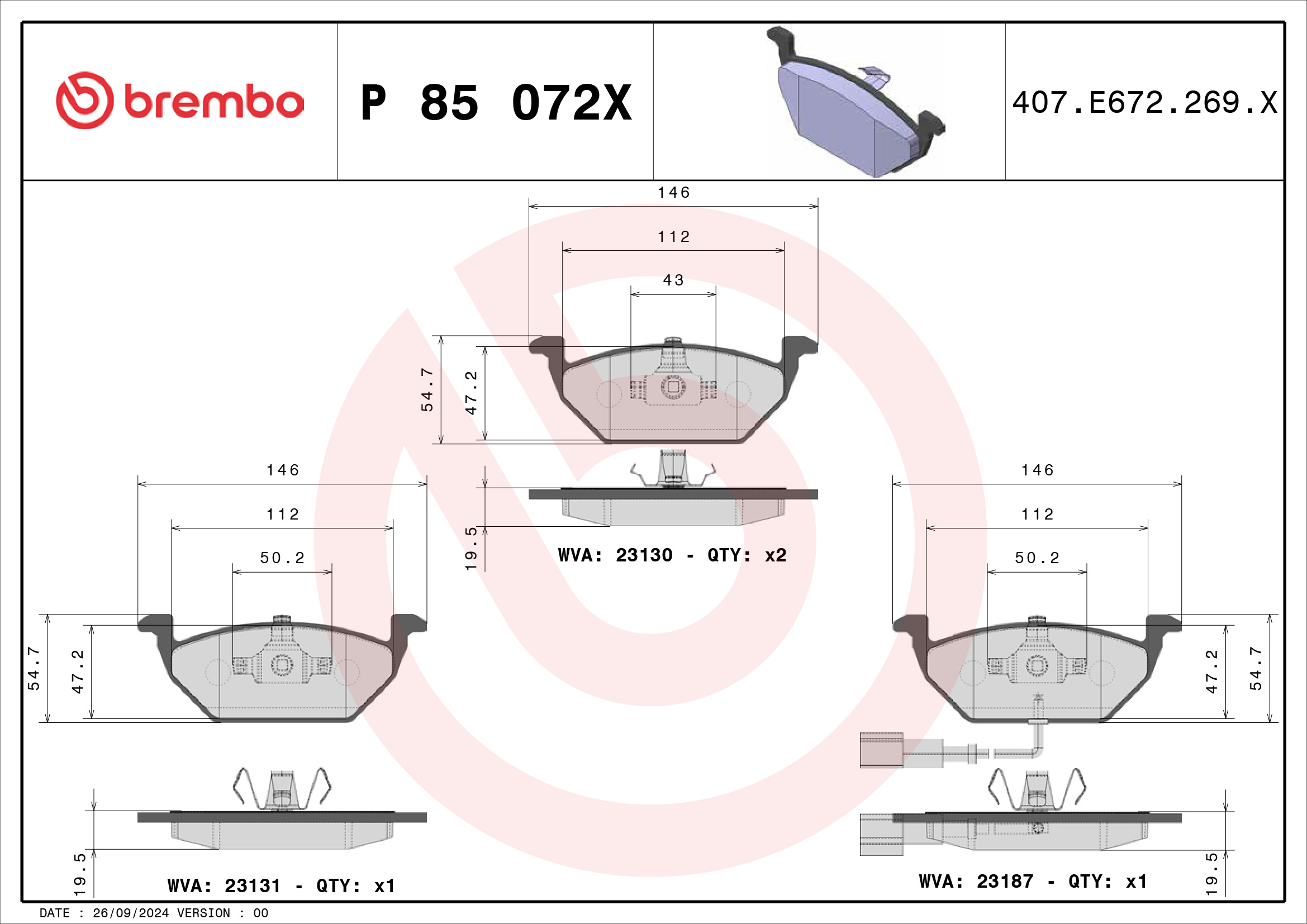 Jogo de 4 pastilhas de travão BREMBO ref. P 85 072X