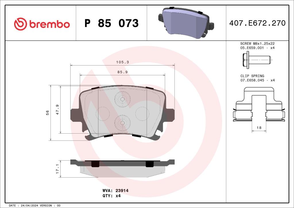 Jeu de 4 plaquettes de frein BREMBO ref. P 85 073