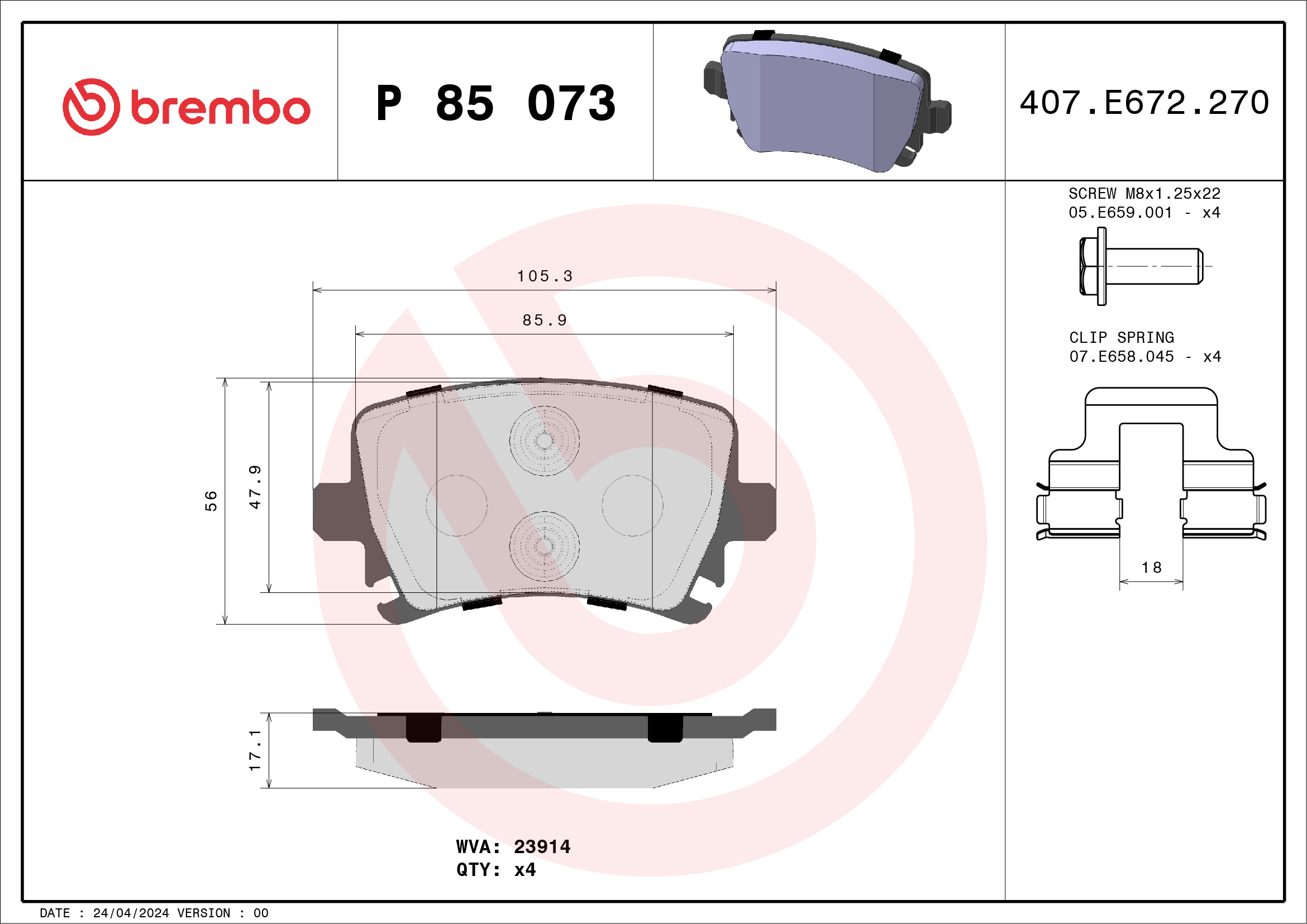 Jeu de 4 plaquettes de frein BREMBO ref. P 85 073