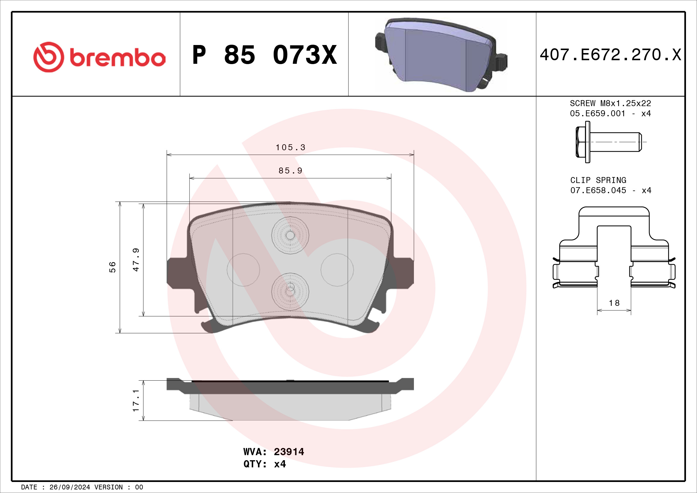 Jogo de 4 pastilhas de travão BREMBO ref. P 85 073X