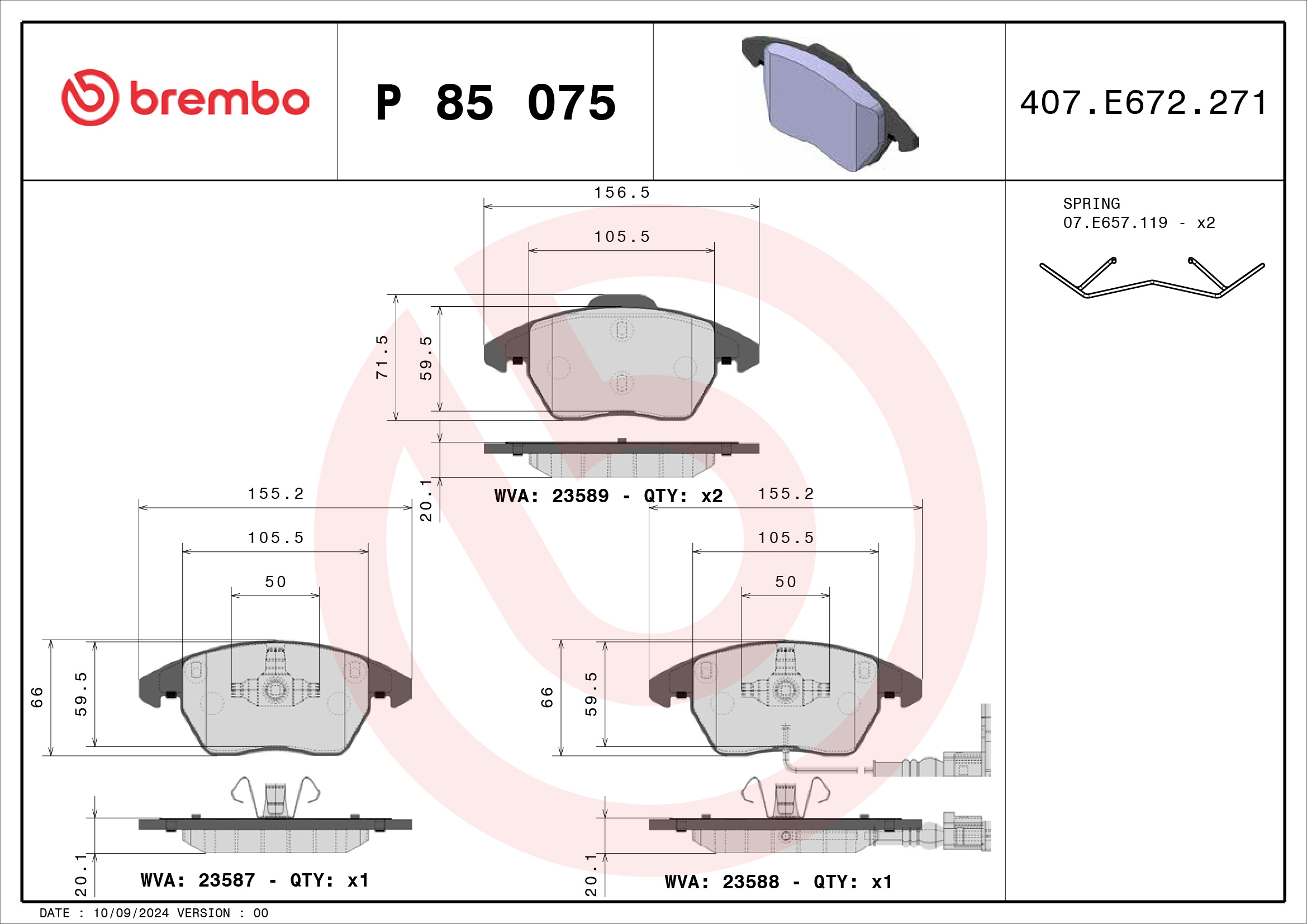 Jogo de 4 pastilhas de travão BREMBO ref. P 85 075