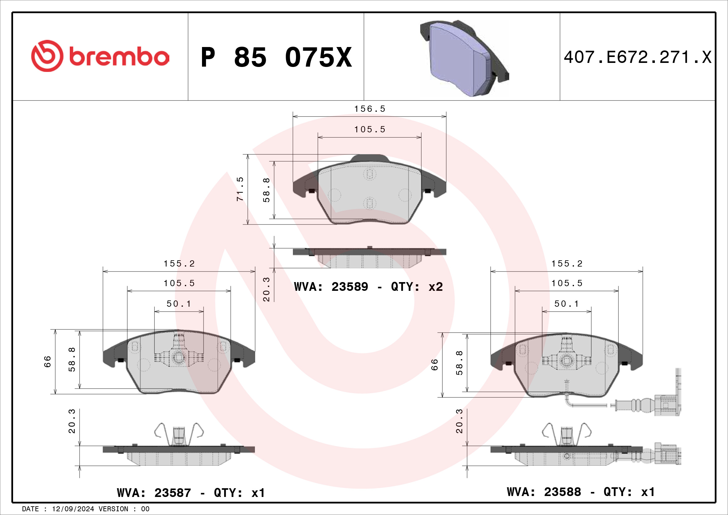 Jeu de 4 plaquettes de frein BREMBO ref. P 85 075X