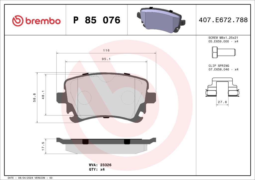 Jeu de 4 plaquettes de frein BREMBO ref. P 85 076
