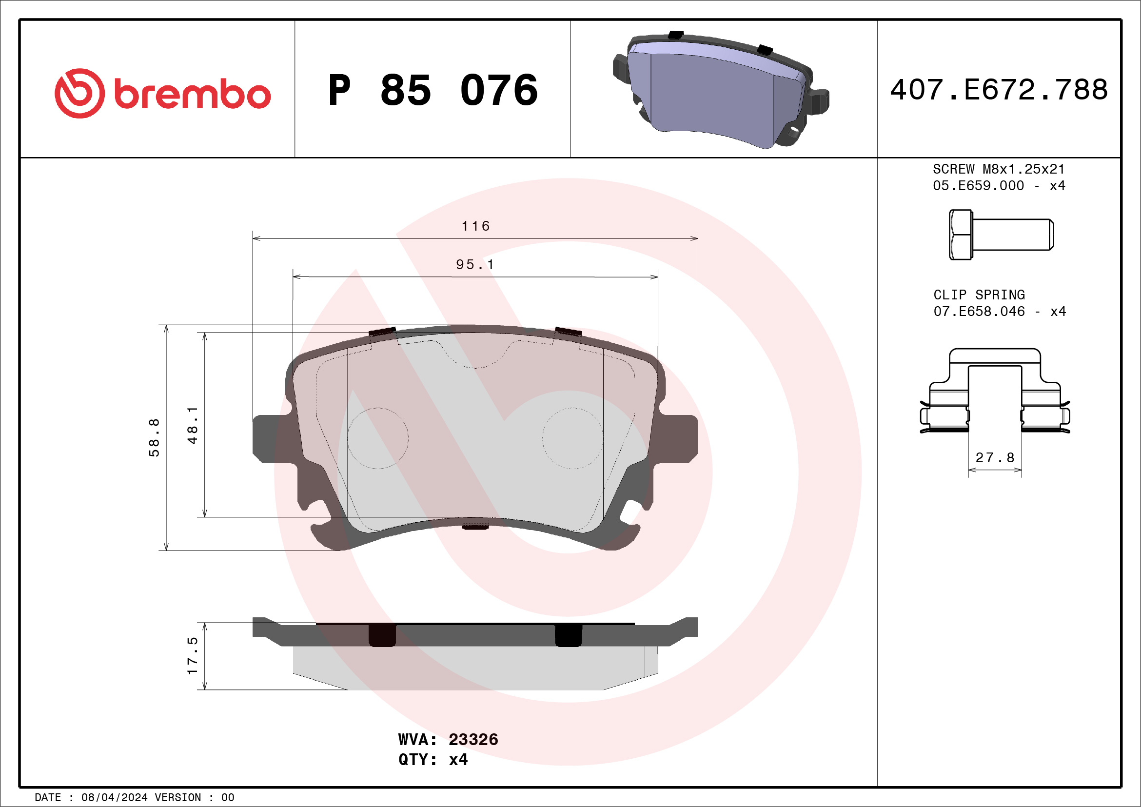 Jeu de 4 plaquettes de frein BREMBO ref. P 85 076