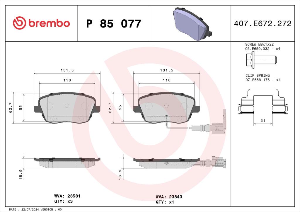 Jeu de 4 plaquettes de frein BREMBO ref. P 85 077