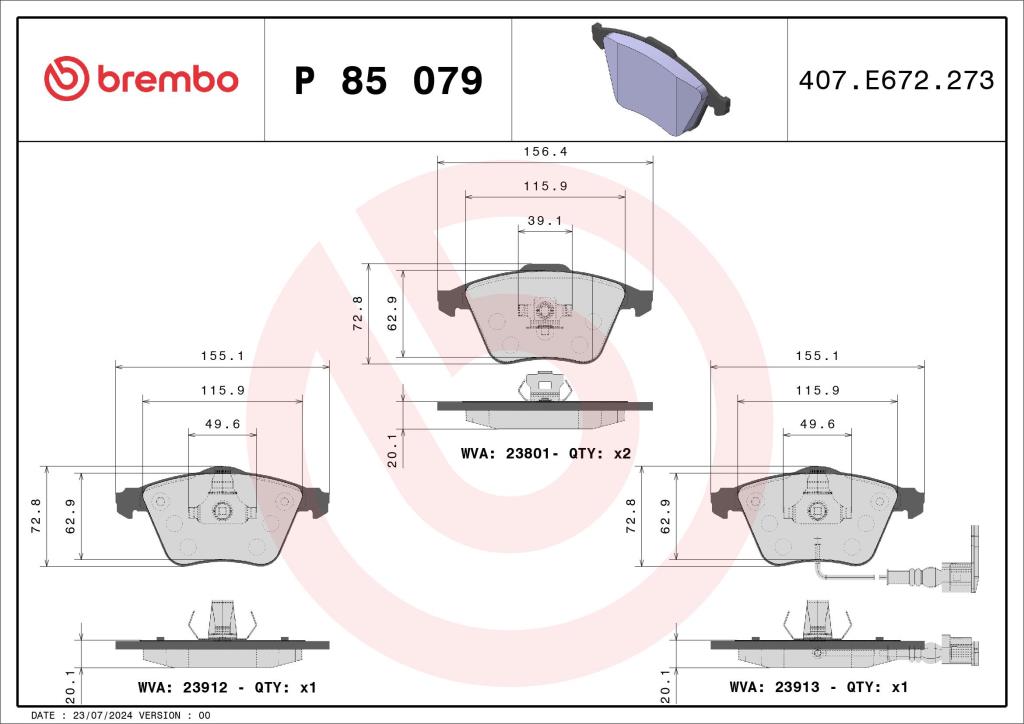 Jeu de 4 plaquettes de frein BREMBO ref. P 85 079