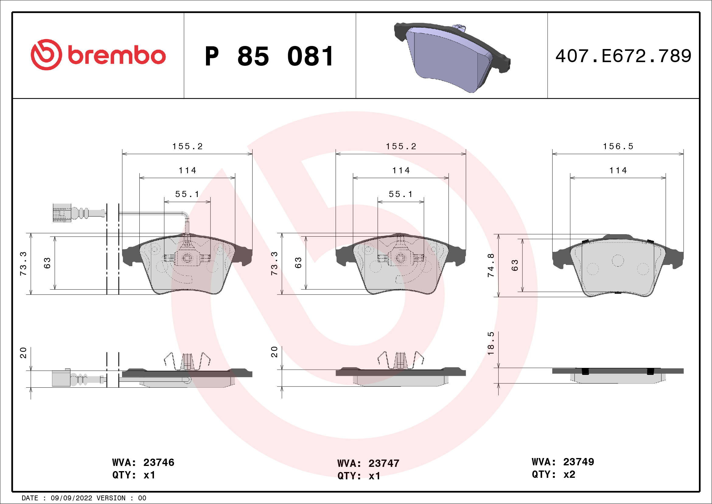 Jogo de 4 pastilhas de travão BREMBO ref. P 85 081