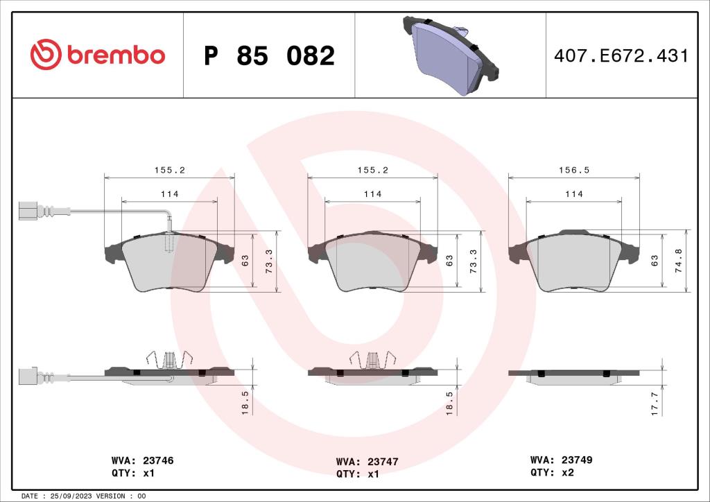 Jogo de 4 pastilhas de travão BREMBO ref. P 85 082