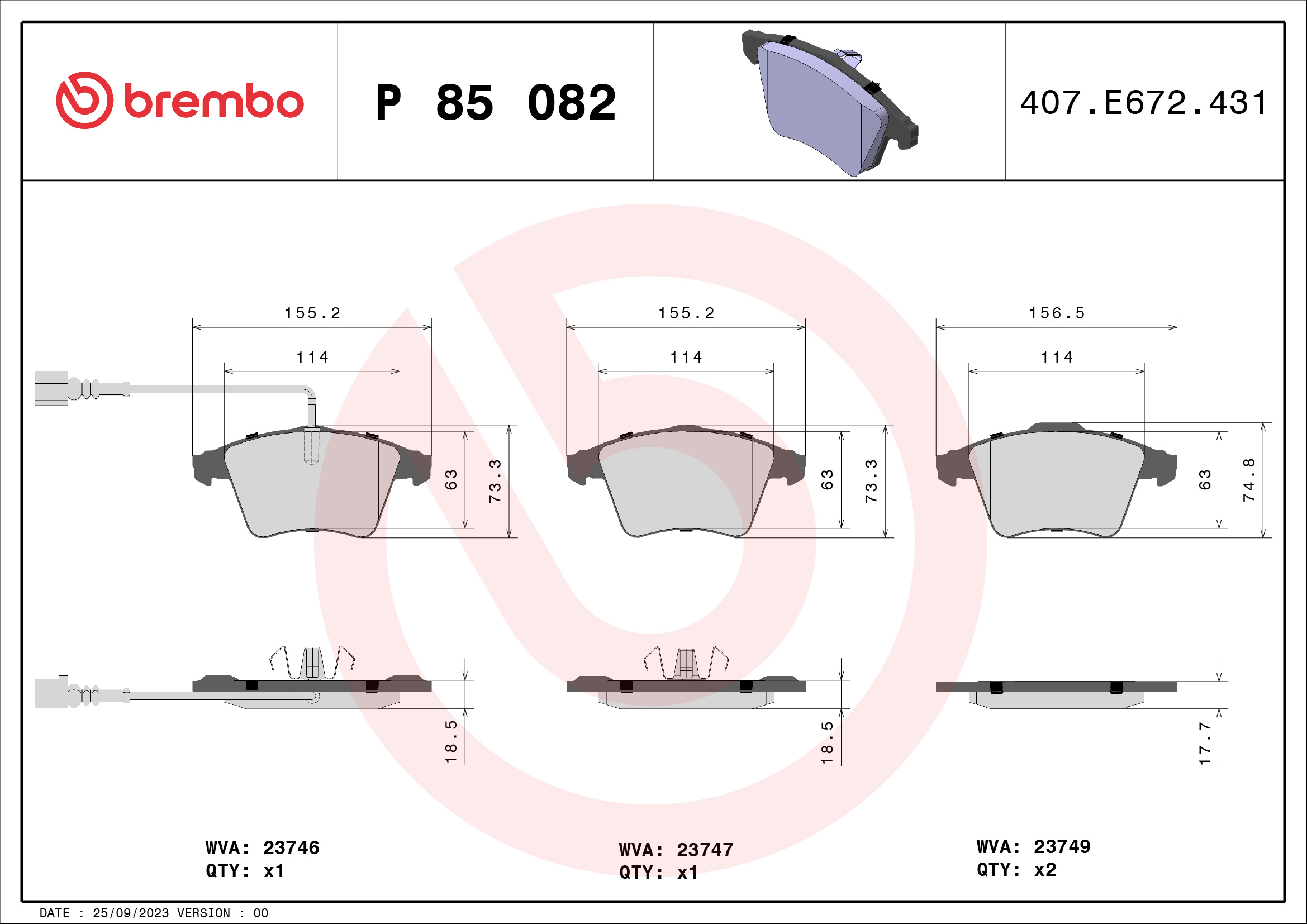 Jogo de 4 pastilhas de travão BREMBO ref. P 85 082