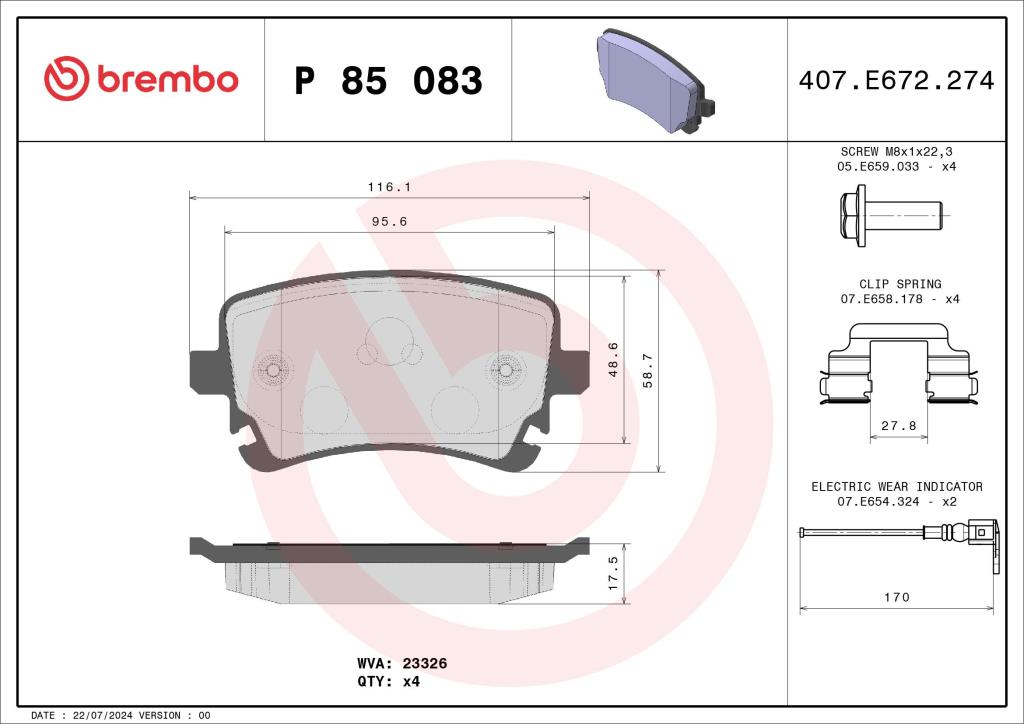 Jeu de 4 plaquettes de frein BREMBO ref. P 85 083