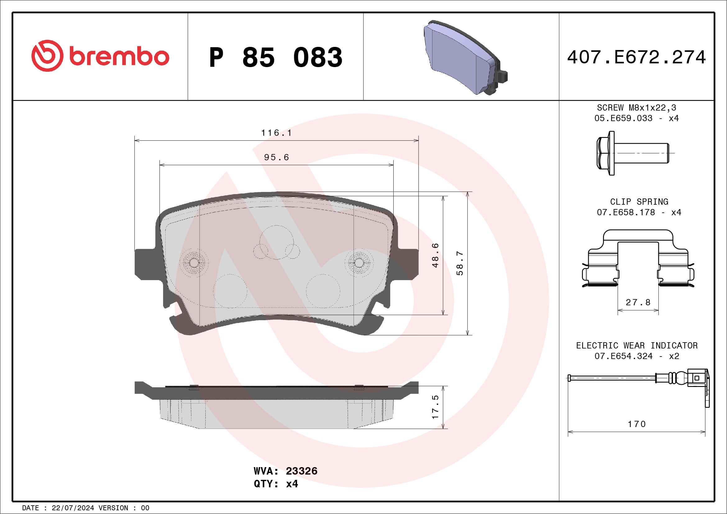 Jeu de 4 plaquettes de frein BREMBO ref. P 85 083