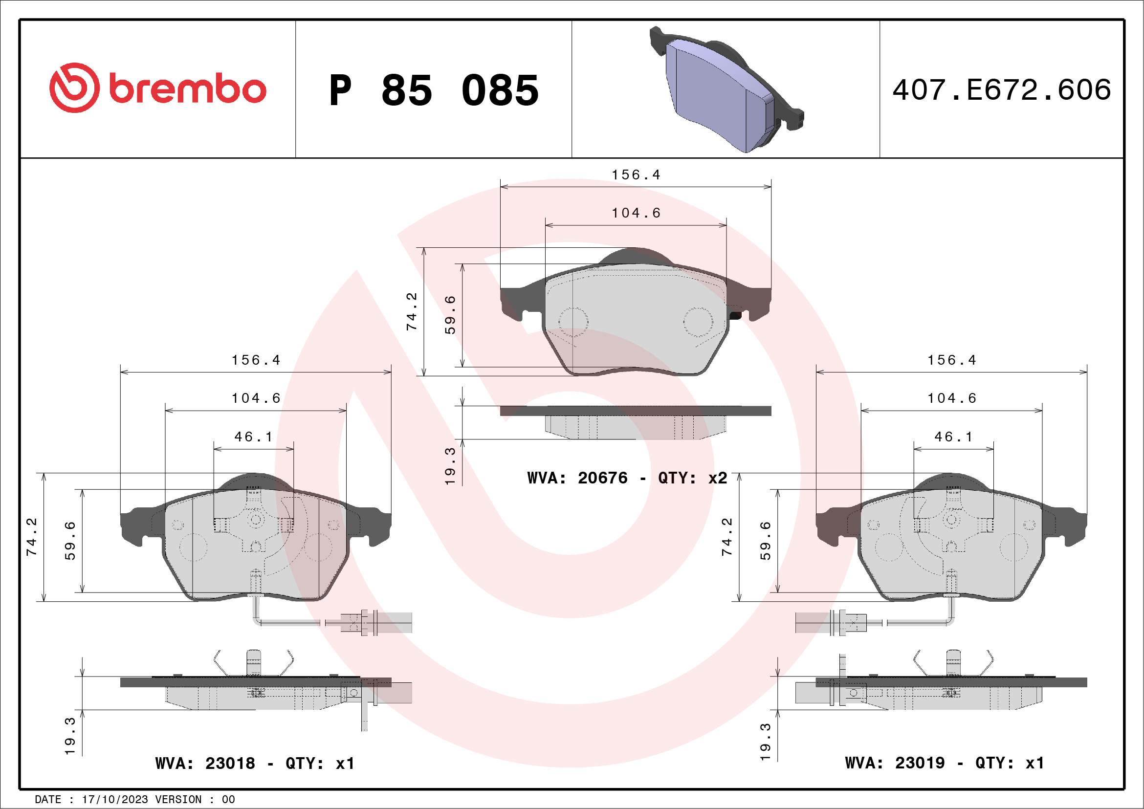 Jeu de 4 plaquettes de frein BREMBO ref. P 85 085
