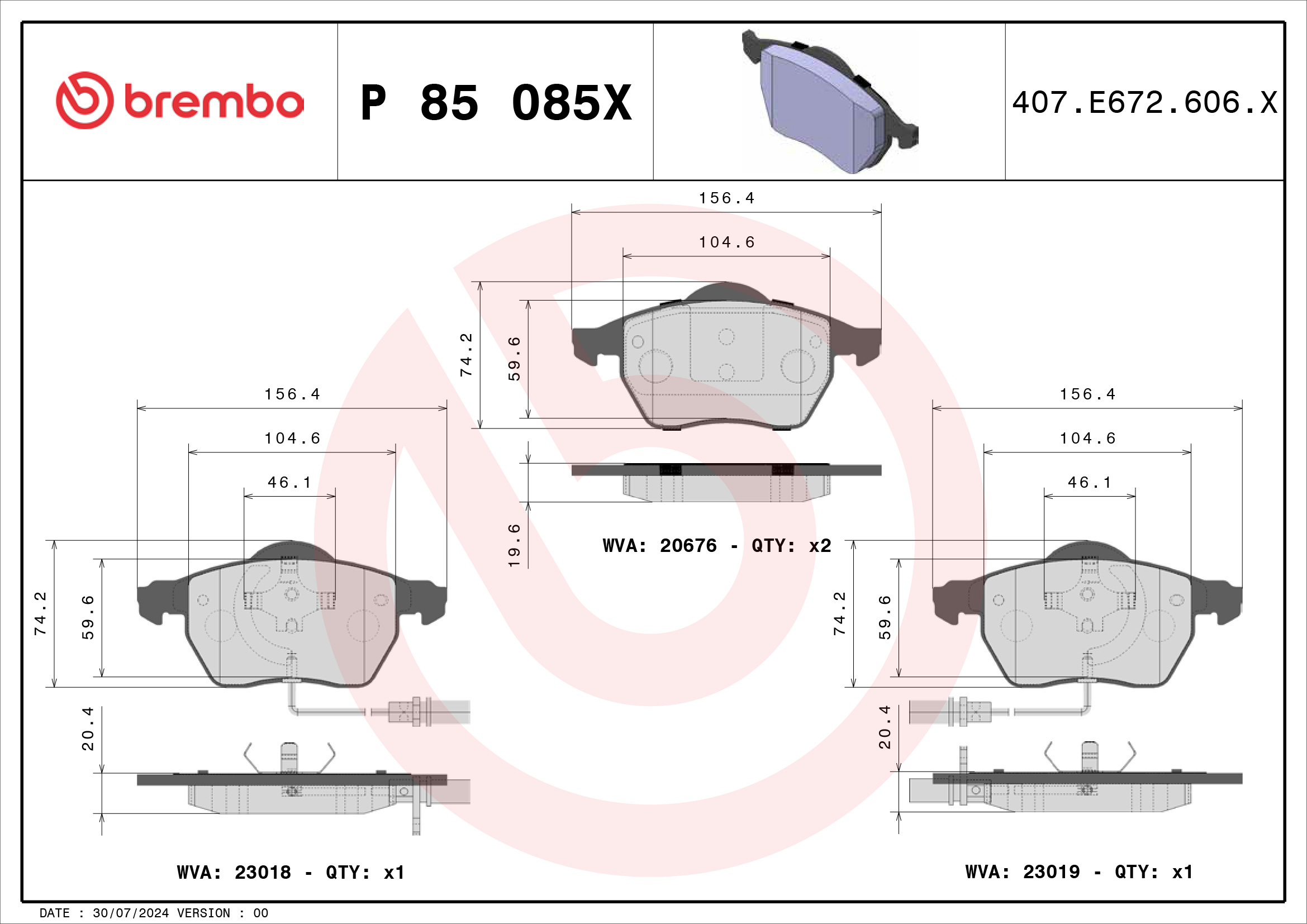 Jeu de 4 plaquettes de frein BREMBO ref. P 85 085X