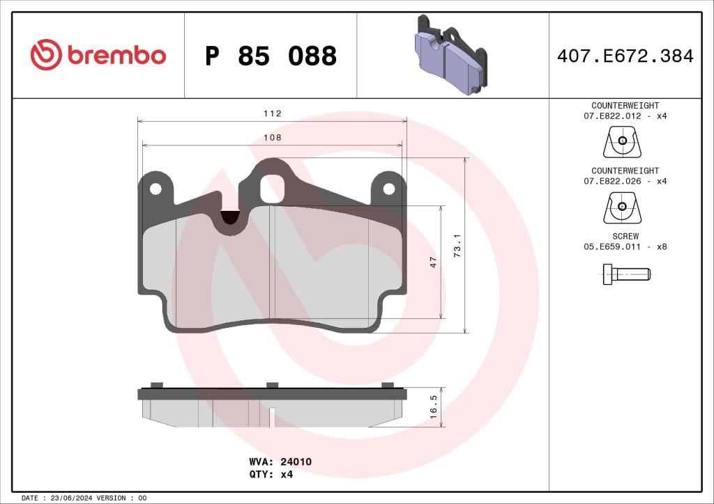 Jogo de 4 pastilhas de travão BREMBO ref. P 85 088