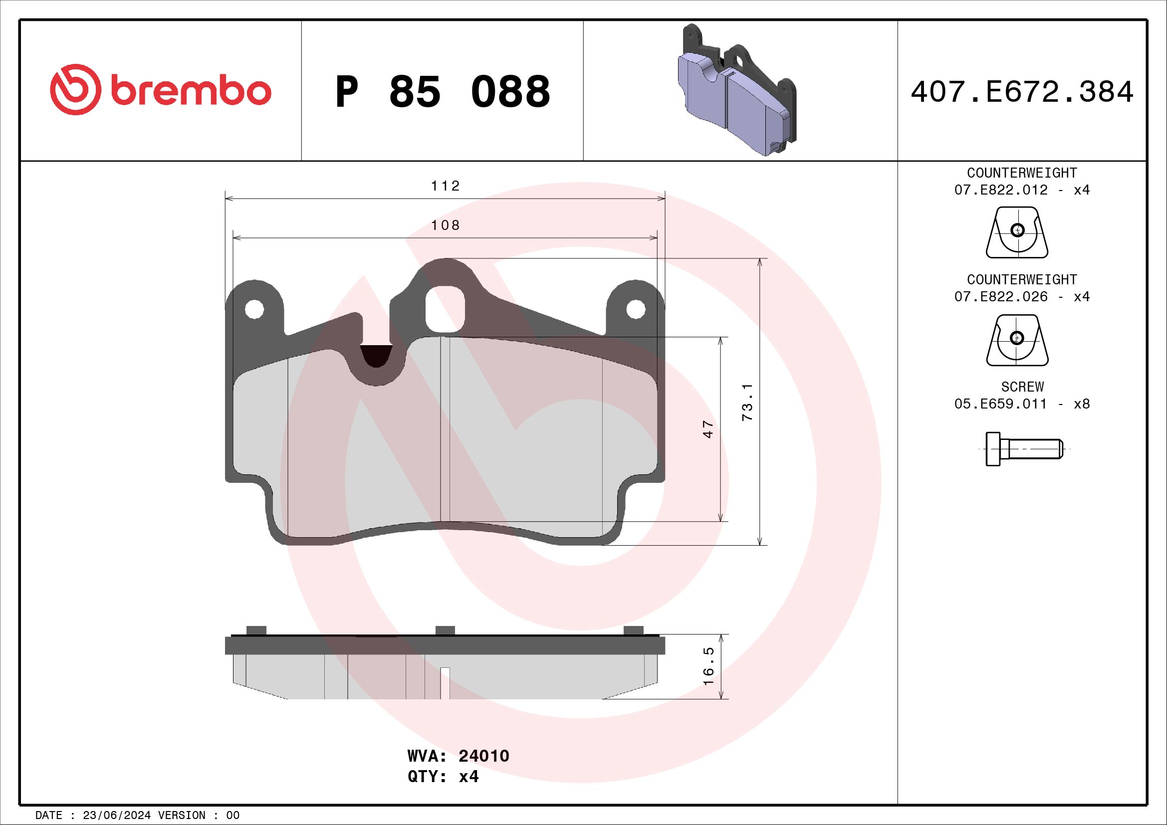 Jogo de 4 pastilhas de travão BREMBO ref. P 85 088