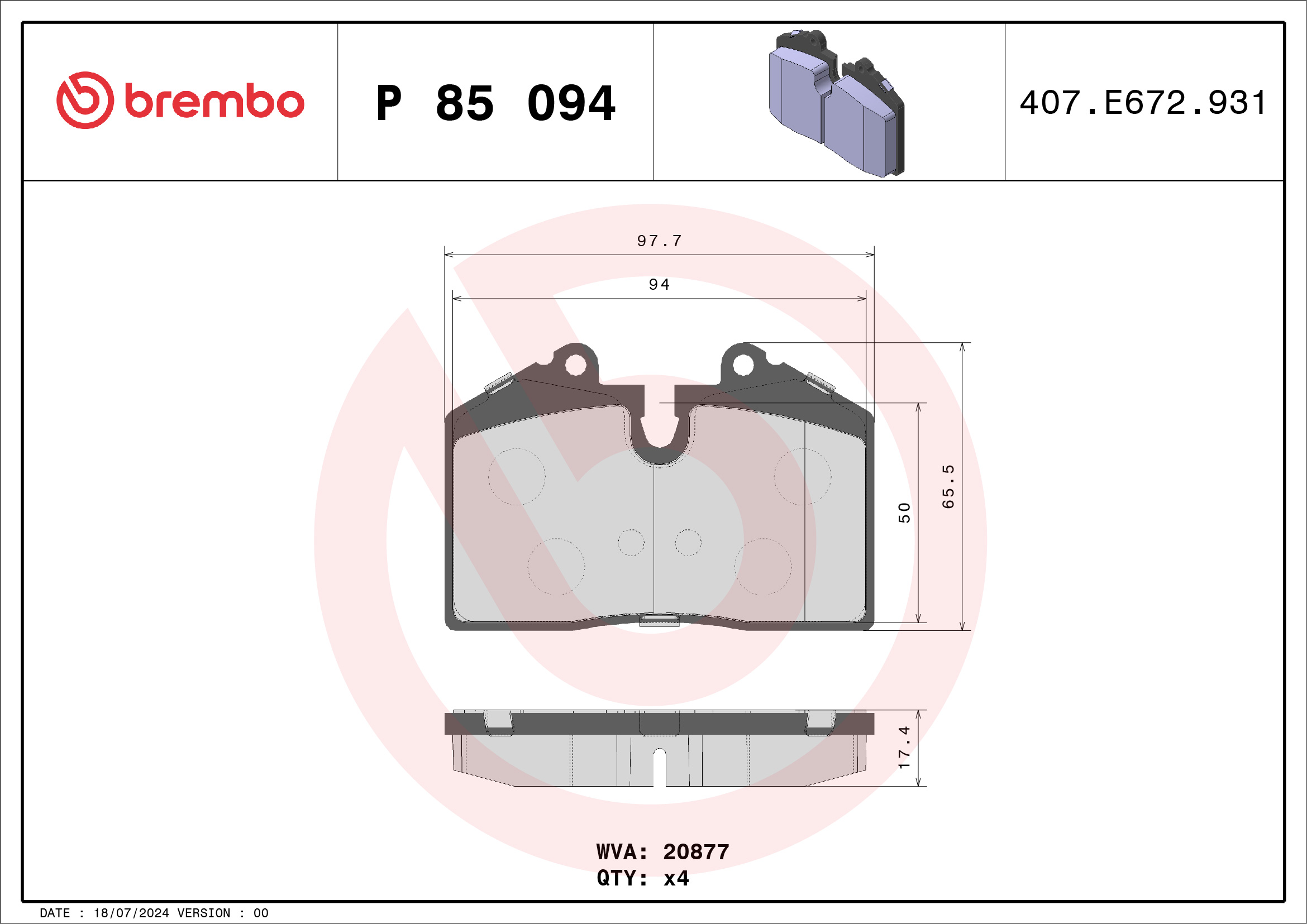 Jogo de 4 pastilhas de travão BREMBO ref. P 85 094