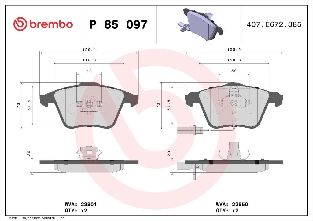 Jogo de 4 pastilhas de travão BREMBO ref. P 85 097