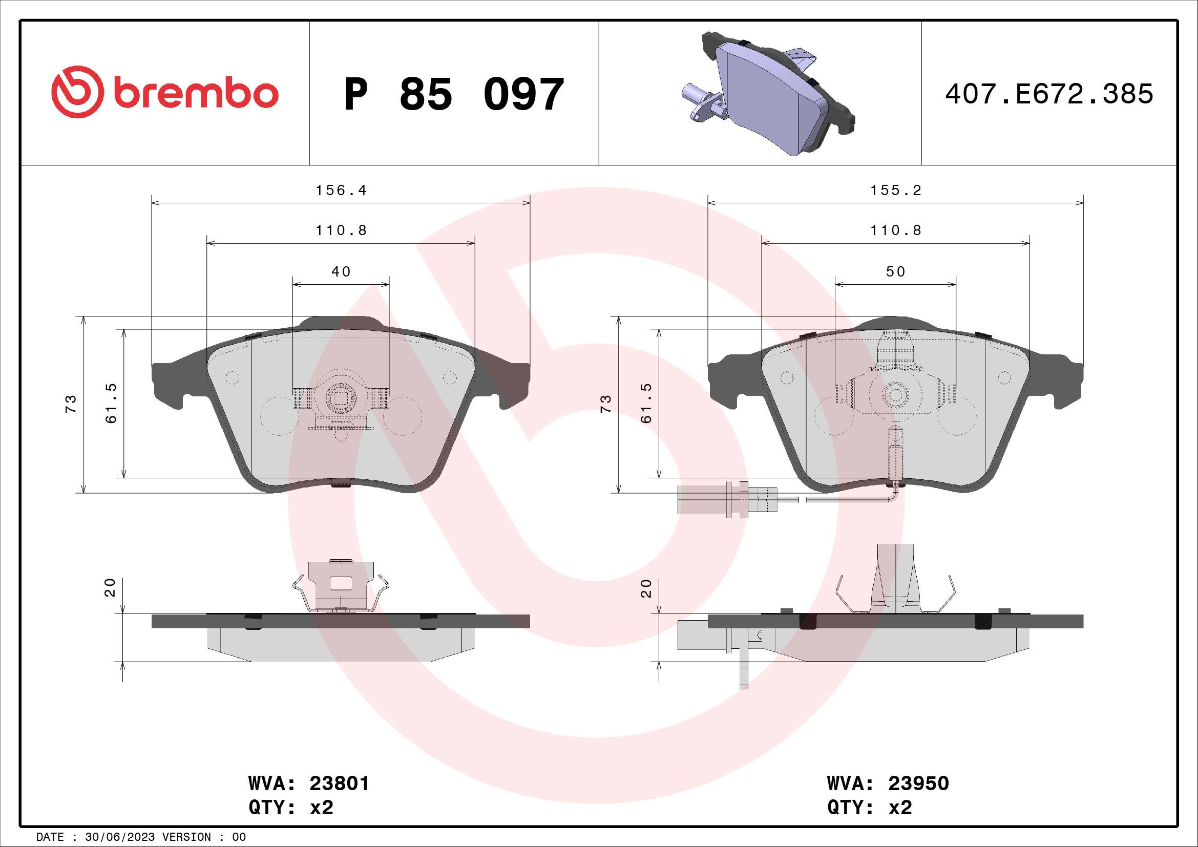 Jogo de 4 pastilhas de travão BREMBO ref. P 85 097