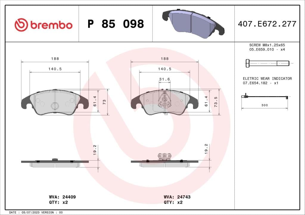 Jogo de 4 pastilhas de travão BREMBO ref. P 85 098