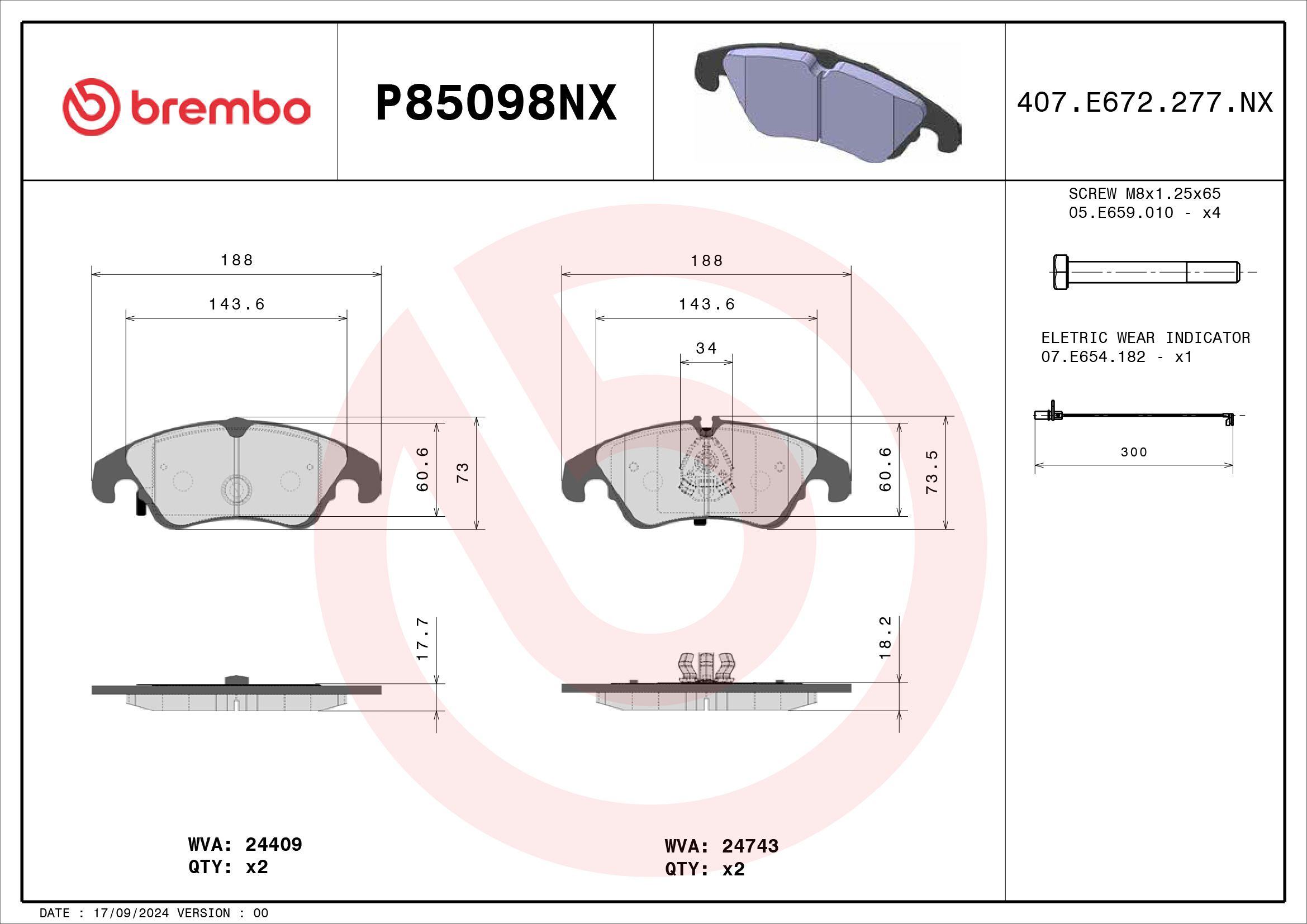 Jogo de 4 pastilhas de travão BREMBO ref. P85098NX