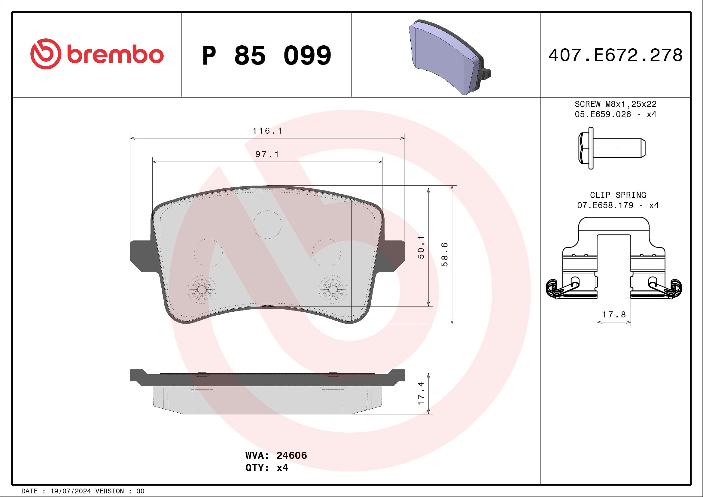 Jeu de 4 plaquettes de frein BREMBO ref. P 85 099