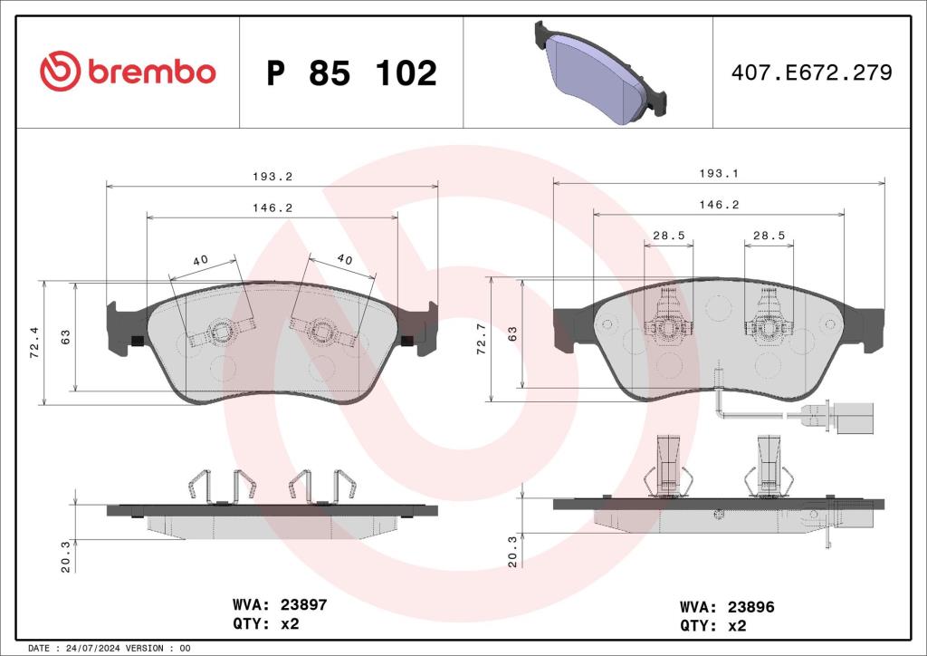 Jeu de 4 plaquettes de frein BREMBO ref. P 85 102